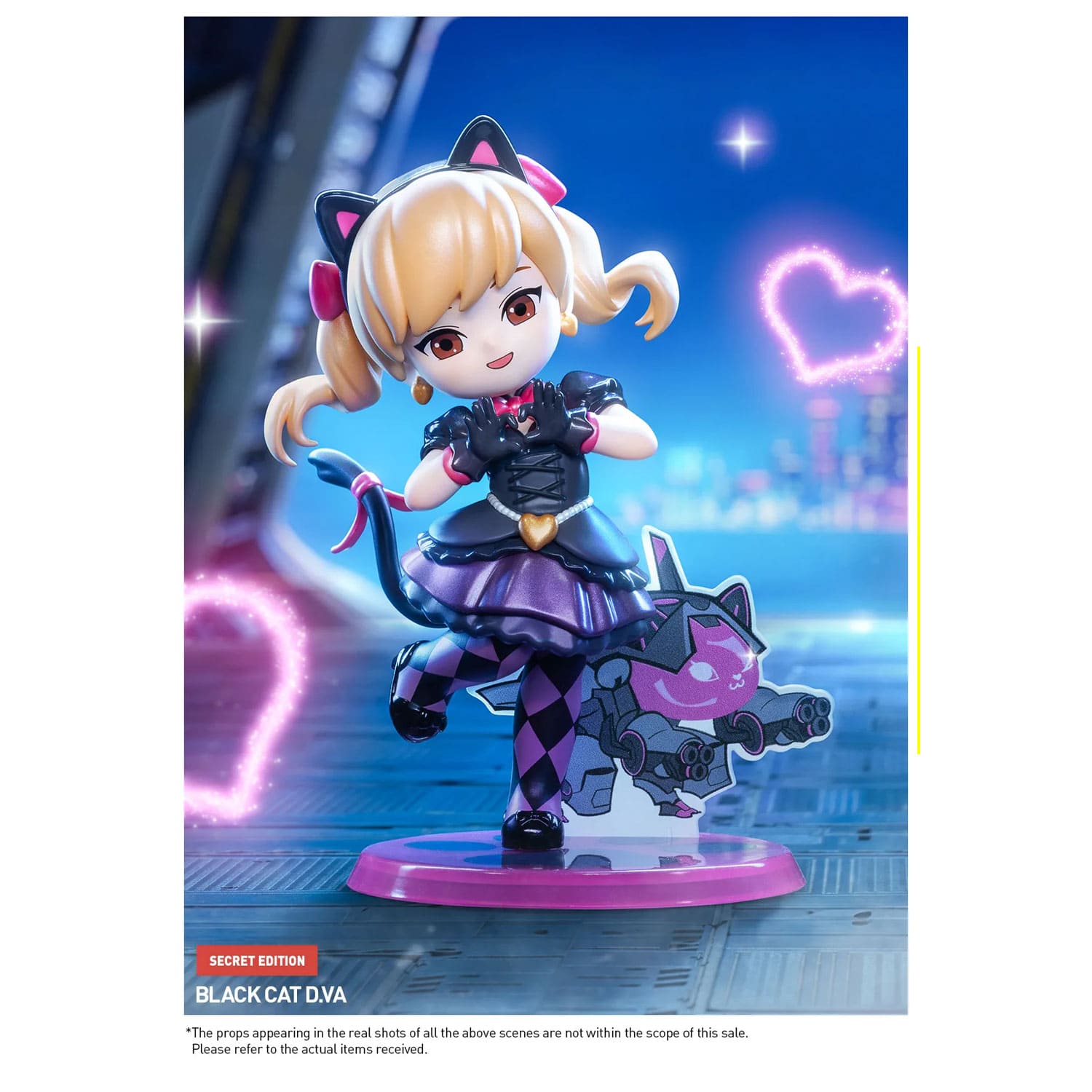 Die Blind Box POP MART Overwatch-Play-of-the-Game-Series Figurenbox mit der Figur Black Cat D.Va mit Pose und Karte.