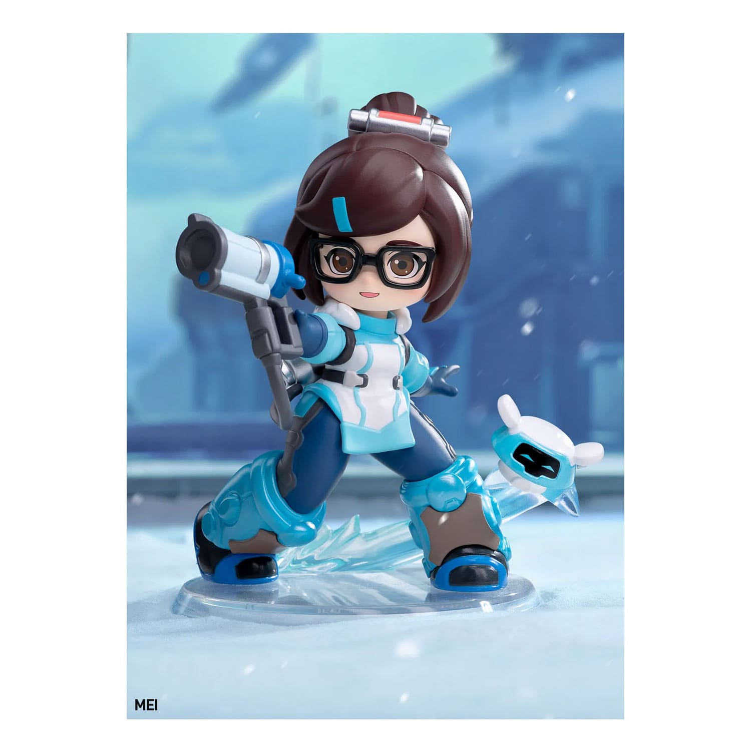 Die Blind Box POP MART Overwatch-Play-of-the-Game-Series Figurenbox mit der Figur Mei mit Pose und Karte.