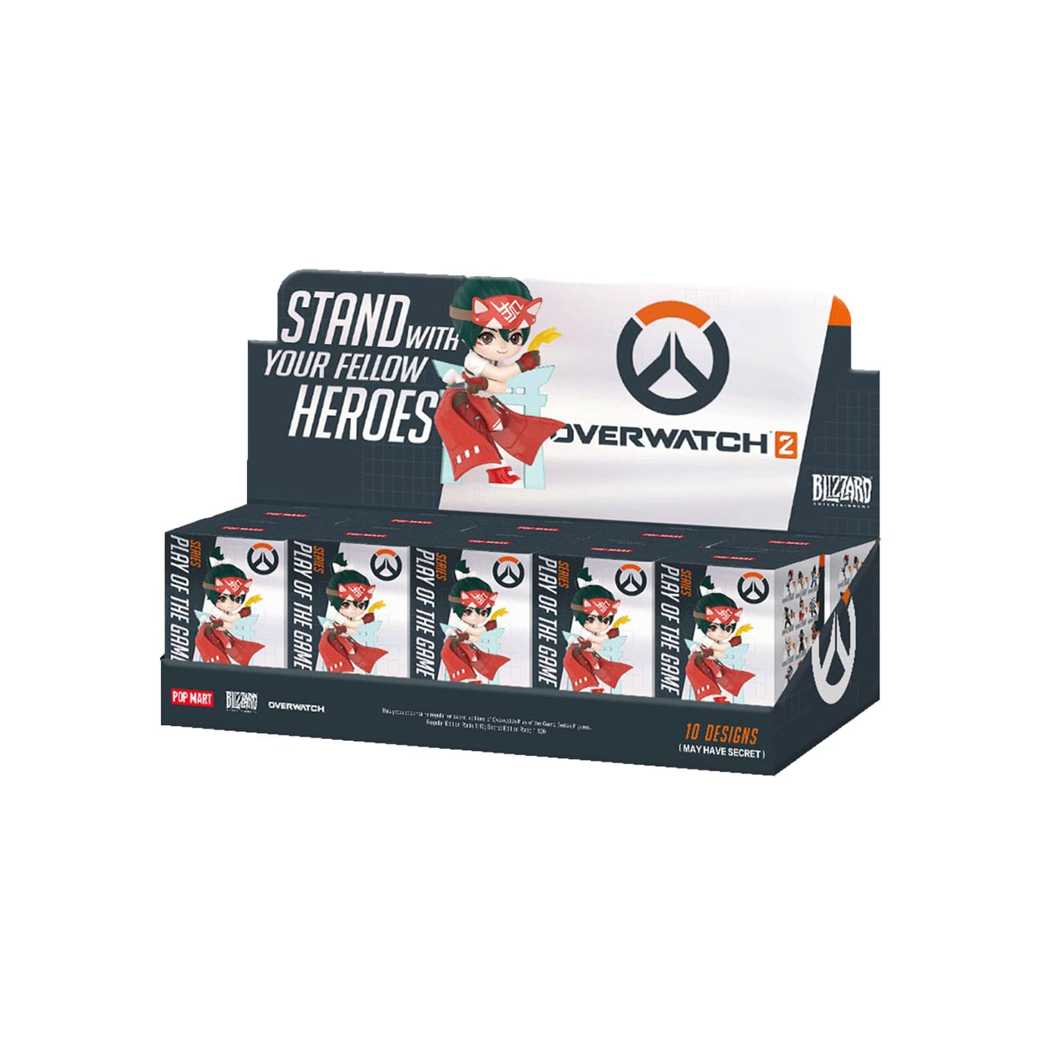 Das Blind Box POP MART Overwatch-Play-of-the-Game-Series Display mit zehn Figurenboxen, einer Figur und Karte pro Box.