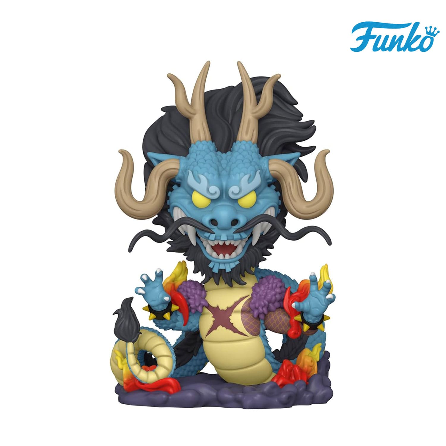 Funko Pop One Piece Yonko Kaido Dragon Form 1623 Jumbo 25cm Hoch freistehend, mit Flammen und Narben auf der Figur.