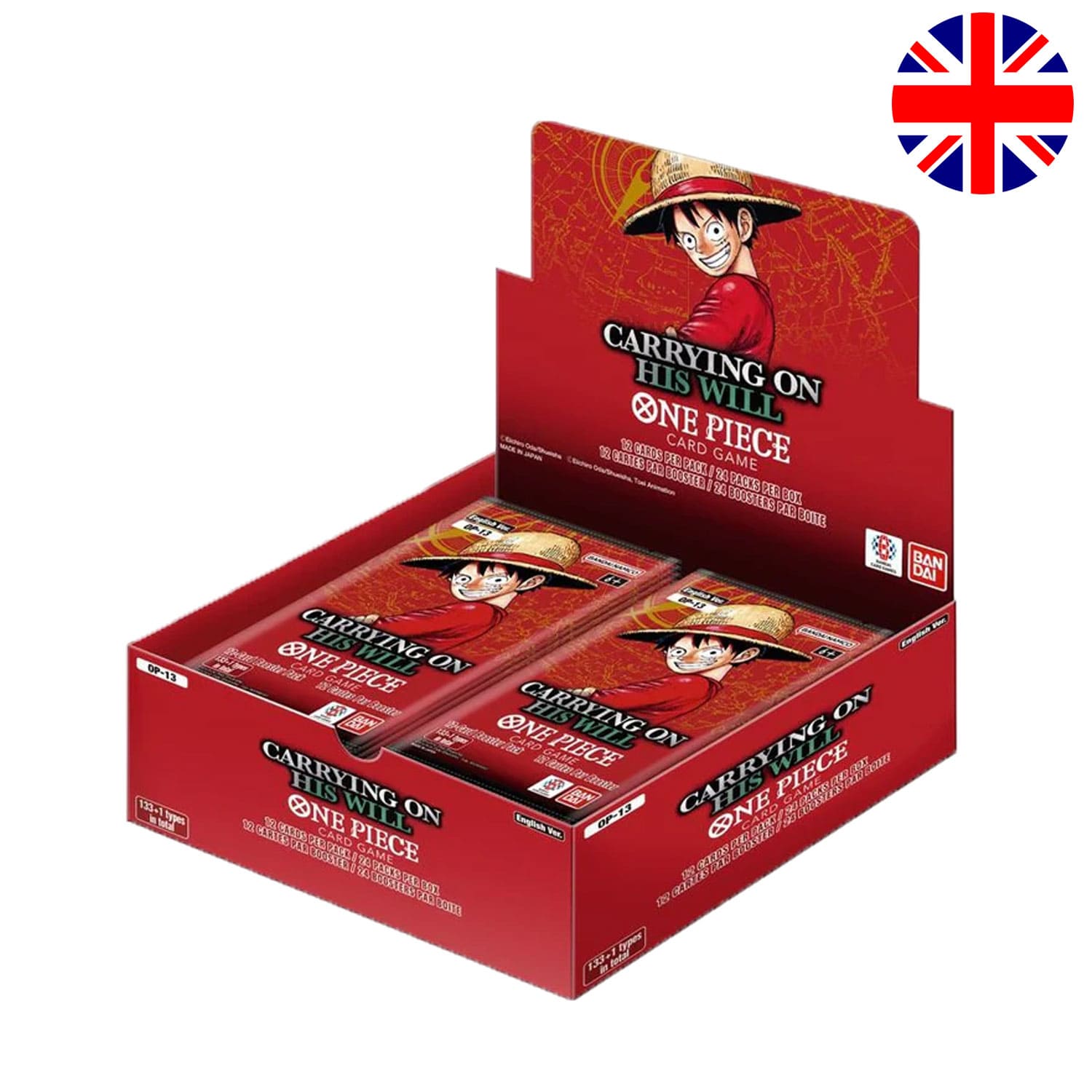 Das englische One Piece TCG Display OP13 mit Monkey.D.Ruffy darauf mit 24 Boosterpacks und der Bonney Mangakarte.