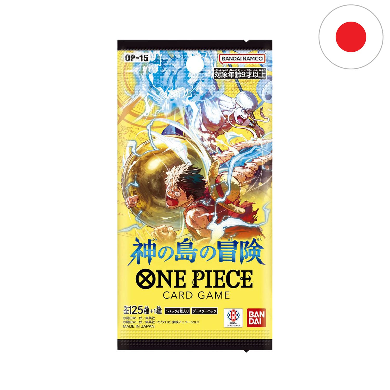 Das japanische One Piece TCG OP15 mit Monkey D.Luffy und God Enel aus Skypia auf dem Cover, 6 Karten pro Boosterpack.