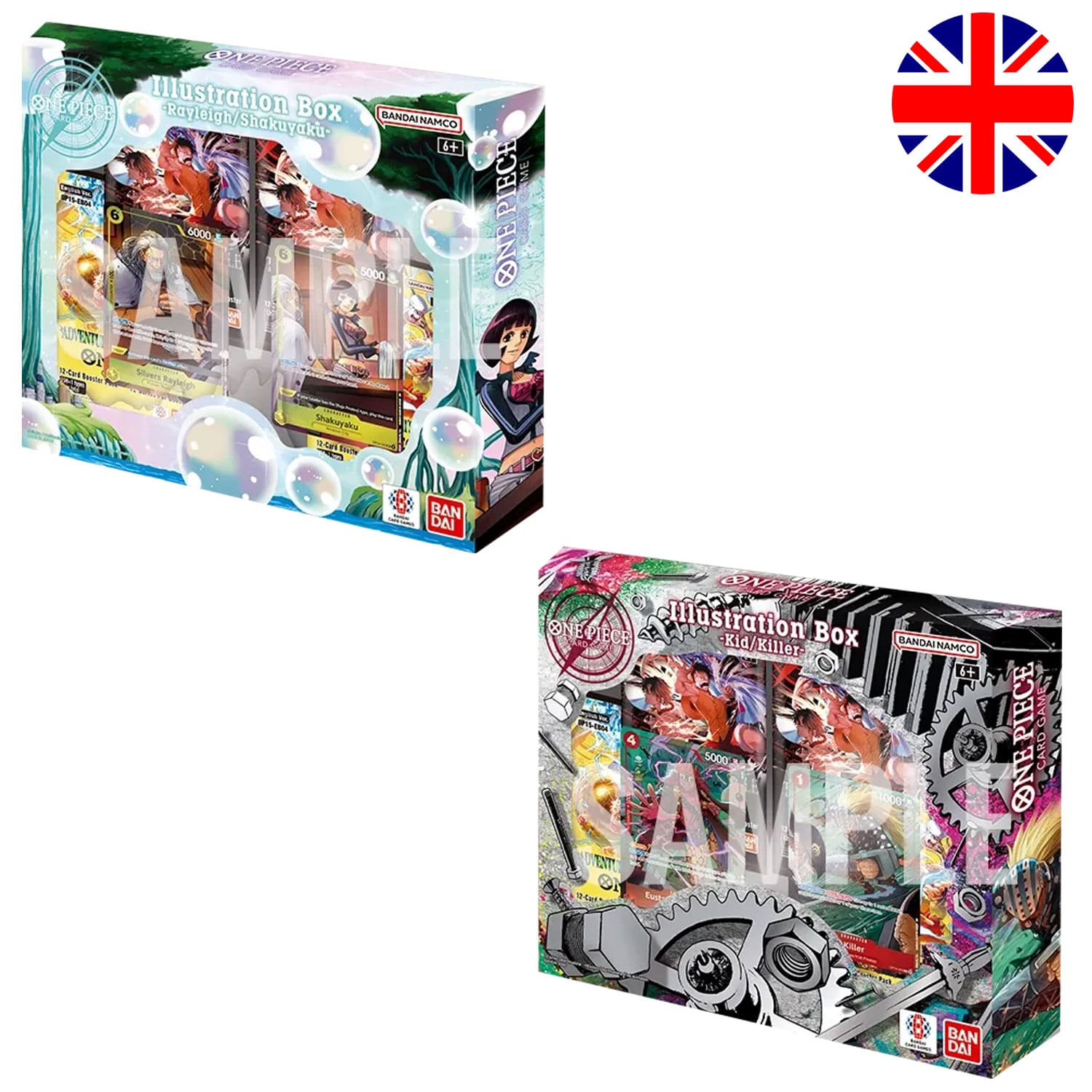 Die englische One-Piece-Card-Game-Illustration-Box (IB-07/IB-08) mit Shakuyaku/Silvers Rayleigh Kid/Killer auf dem Cover