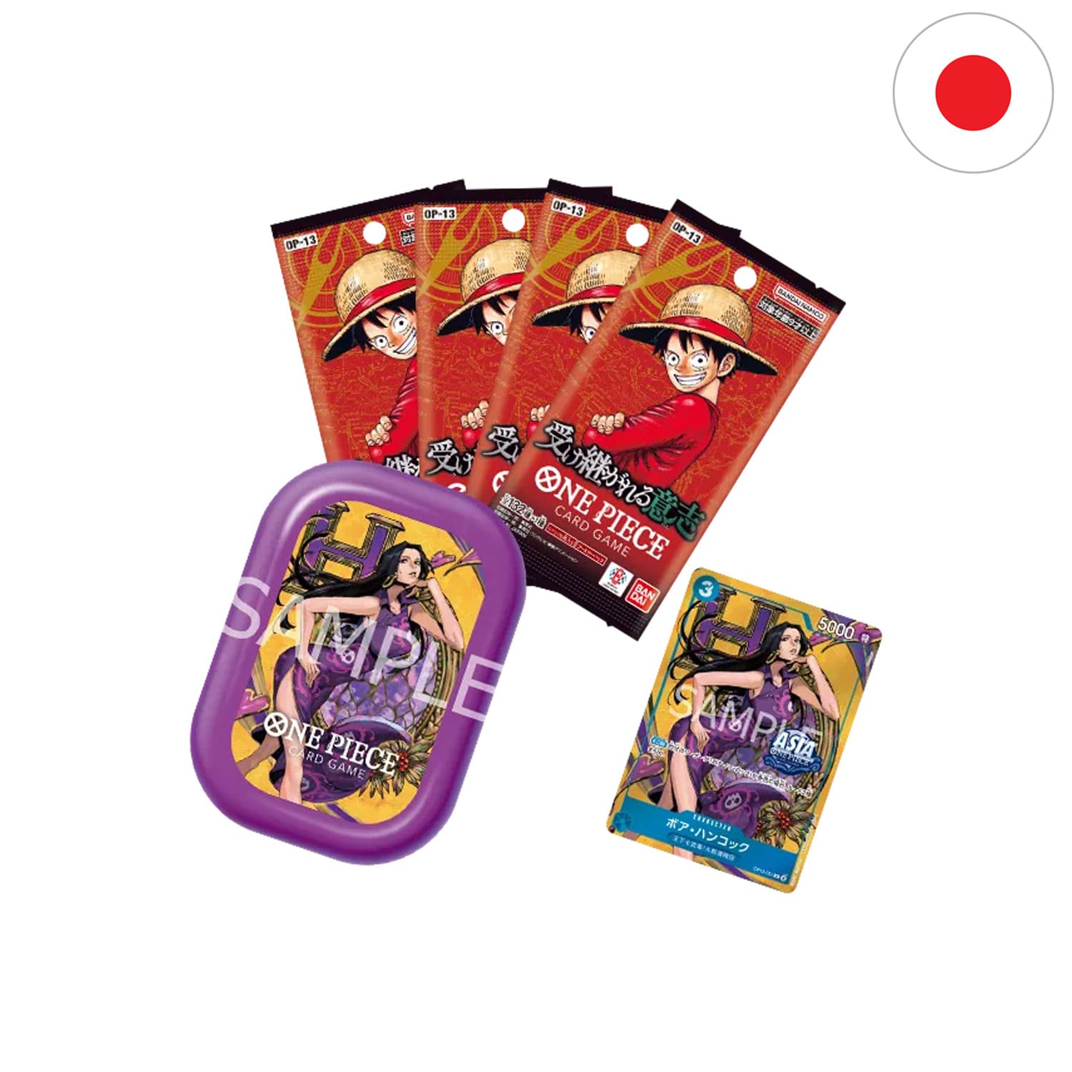 Die japanische One Piece Card Game Mini Tin TS-03 only Asia mit Boa Hancock OP13-051 Promokarte und 4 Boosterpacks OP13.