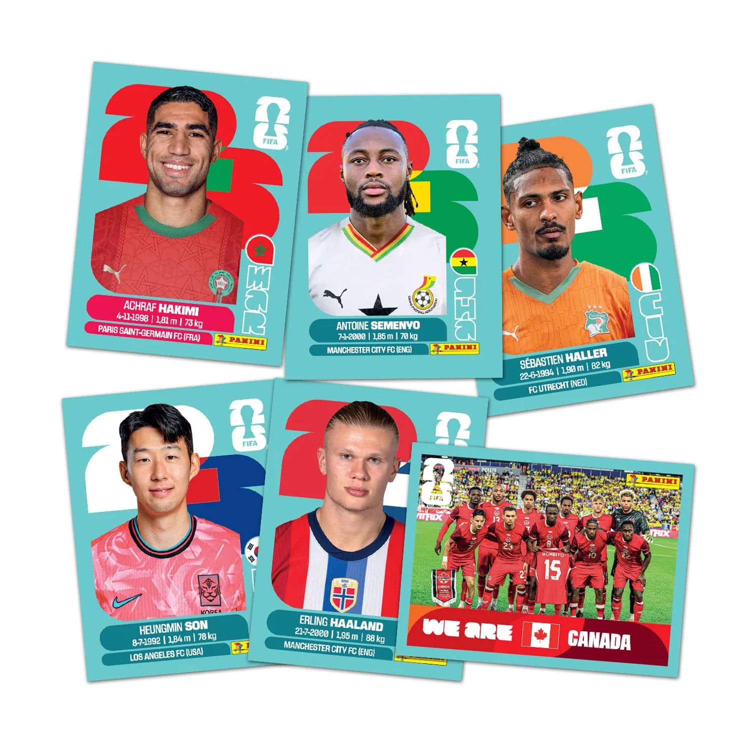 Panini FIFA World Cup 2026™ Spieler-Sticker: Achraf Hakimi, Antoine Semenyo, Heungmin Son, Erling Haaland.