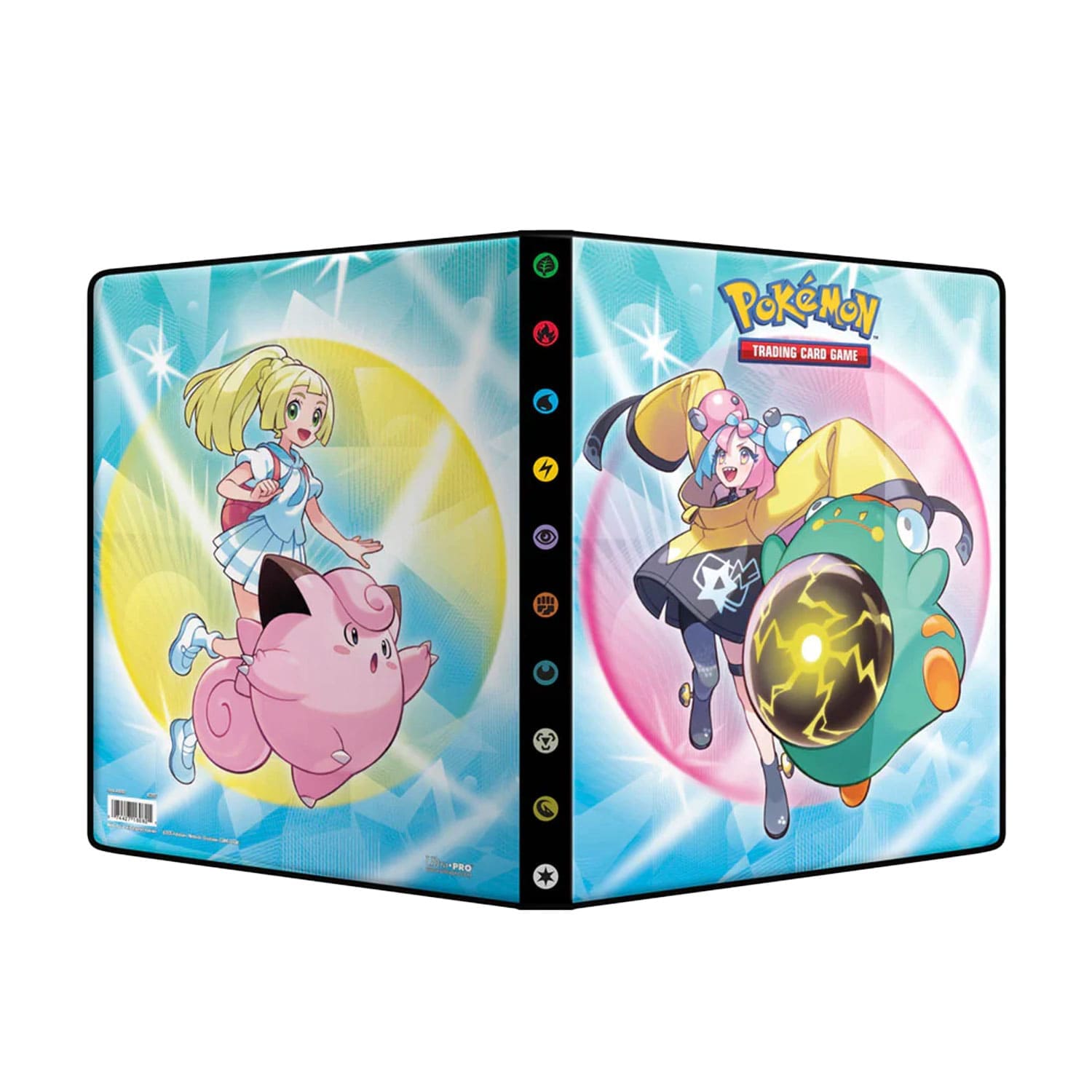 Pokemon 9 Pocket Binder mit dem Fullart Cover, auf der Vorderseite: Lillie & Clefairy und Rückseite: Iono & Bellibolt.