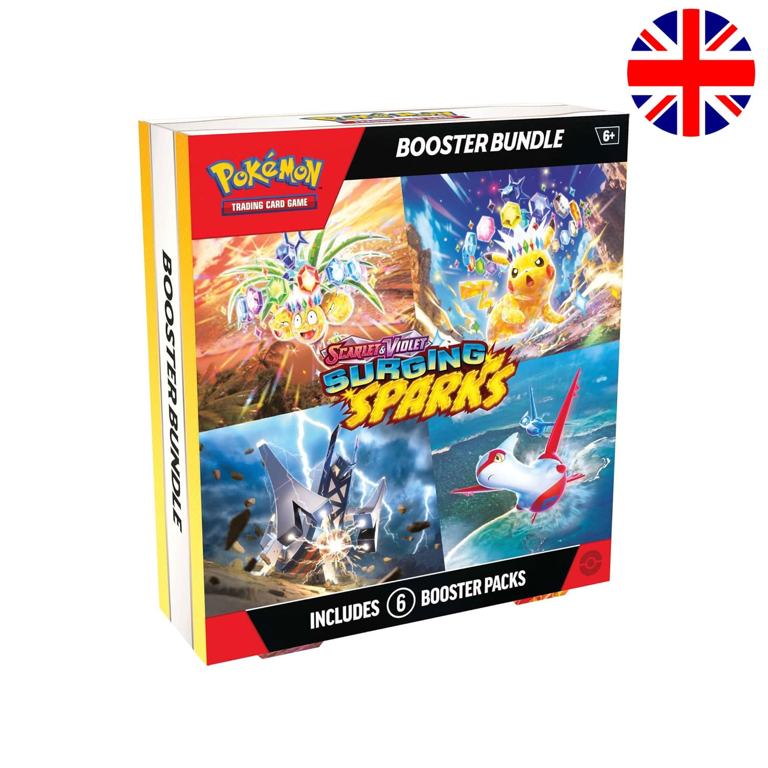 Das Pokémon-Booster-Bundle-Surging-Sparks-SV08 auf Englisch mit jeweils 6 Booster-Packs und 10 Karten pro Booster.