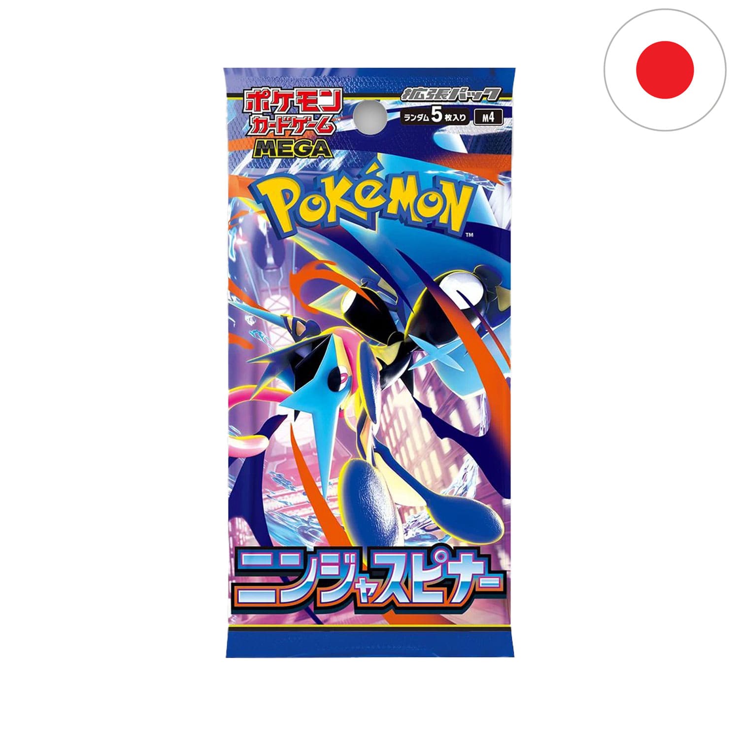 Das Pokémon-Boosterpack Ninja Spinner M4 auf Japanisch mit 5 Karten pro Pack und Quajutsu/Greninja (114 083 SAR) Cover.