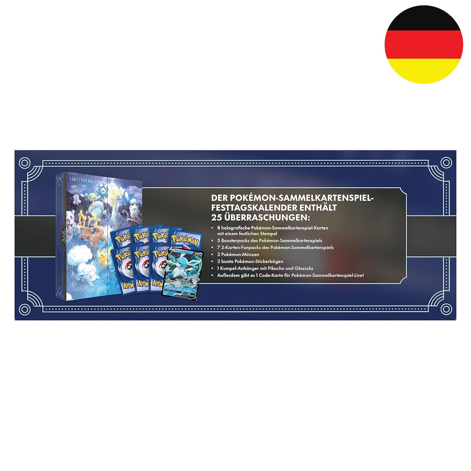 Die Pokémon Box Festtagskalender 2023 mit 8 holografischen Pokémon Karten, 5 Boosterpacks, 7 Funpacks, 2 Pokémon Münzen.