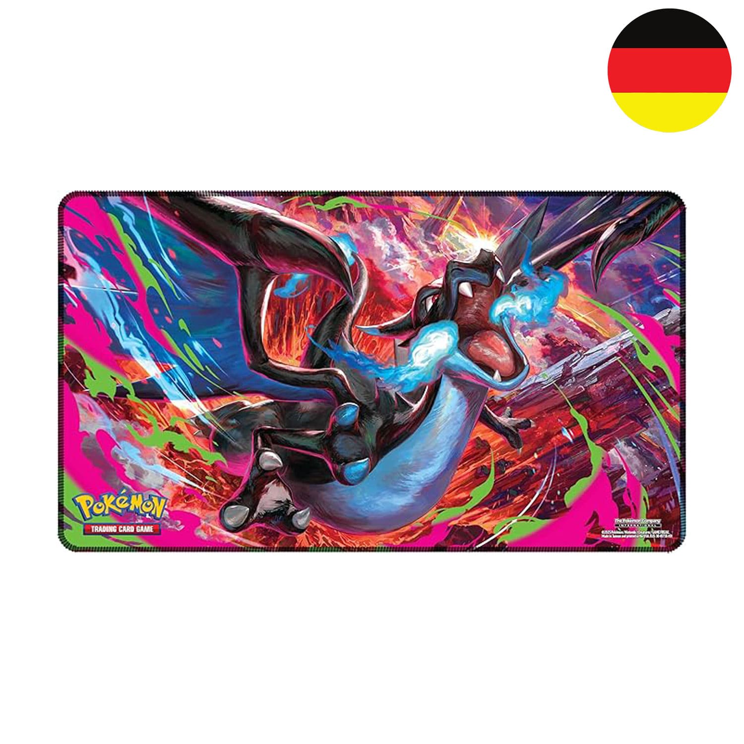 Die Pokémon Mega Glurak ex Ultra Premium Kollektion mit Playmate/ Spielunterlage, mit Mega Charizard X als Cover.