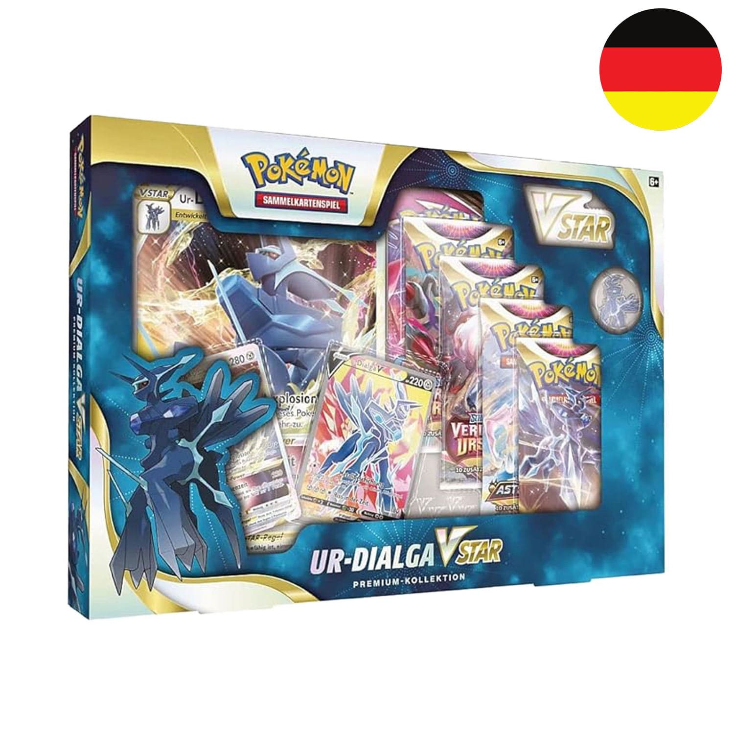 Die Pokémon Dialga VSTAR Premium Kollektion dreht sich rund um das legendäre Pokémon Dialga, in deutscher Ausführung.