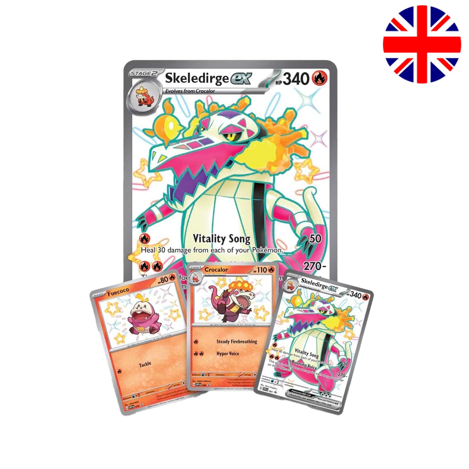 Pokémon Karmesin & Purpur – Paldean Fates (PAF) Promos Fuecoco SVP079, Crocalor SVP080 und Skeledirge ex SVP081.