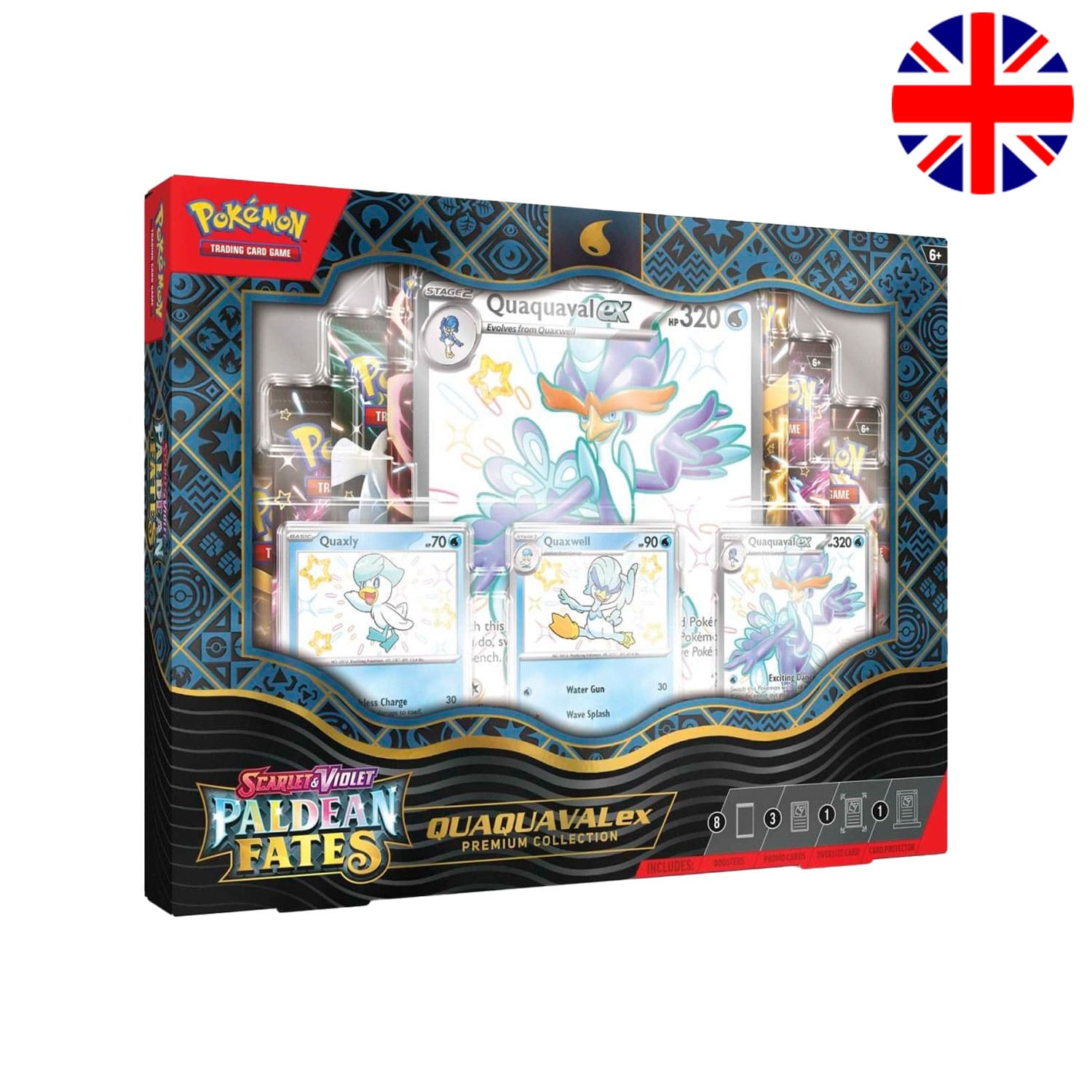 Pokémon Karmesin & Purpur – Paldean Fates ex Premium Collection (PAF) Quaquaval ex englisch mit 3 Promokarten.
