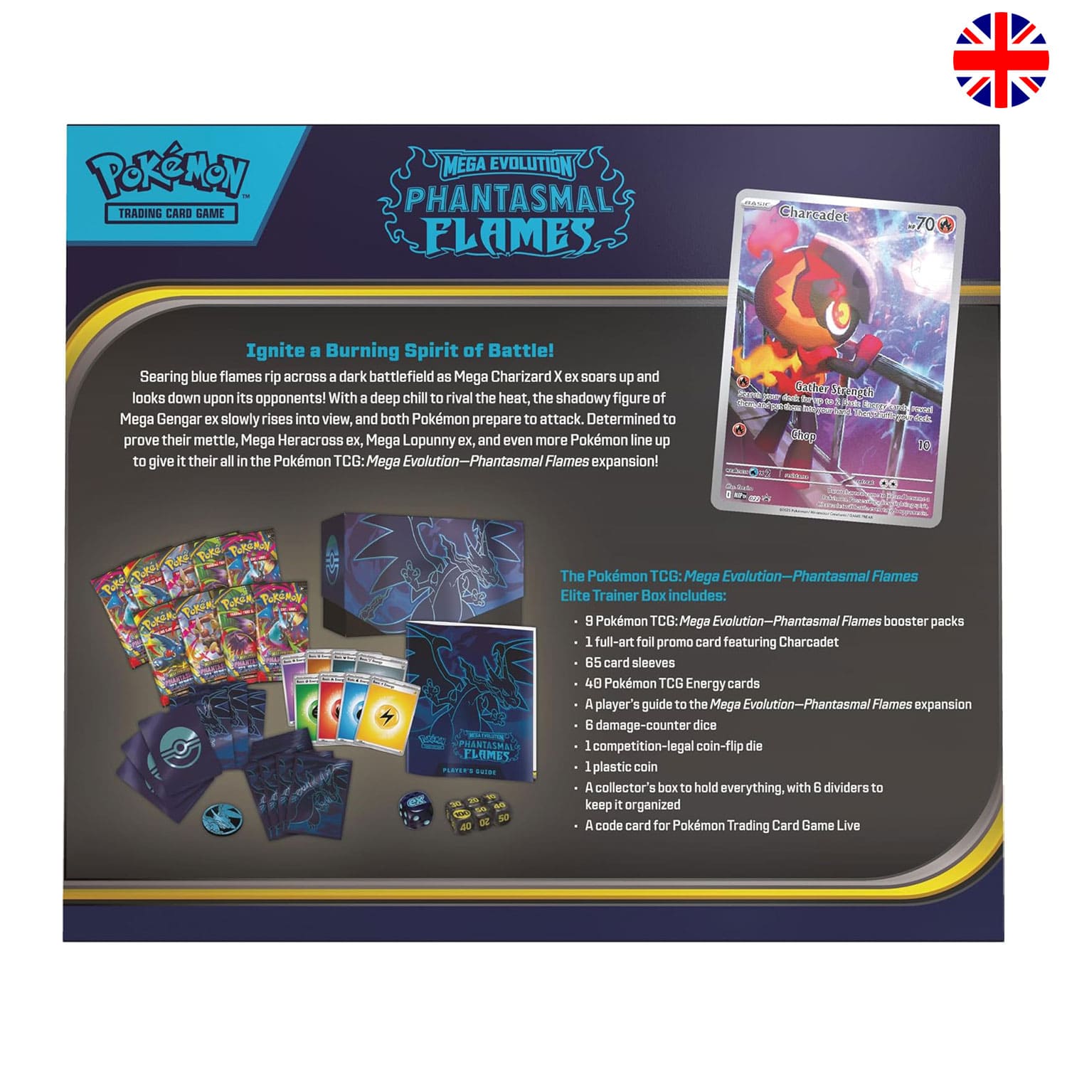 Die Elite Trainer Box Phantasmal Flame ME02 auf Englisch mit Beschreibung der Box mit allen Inhalten inklusive Fotos.