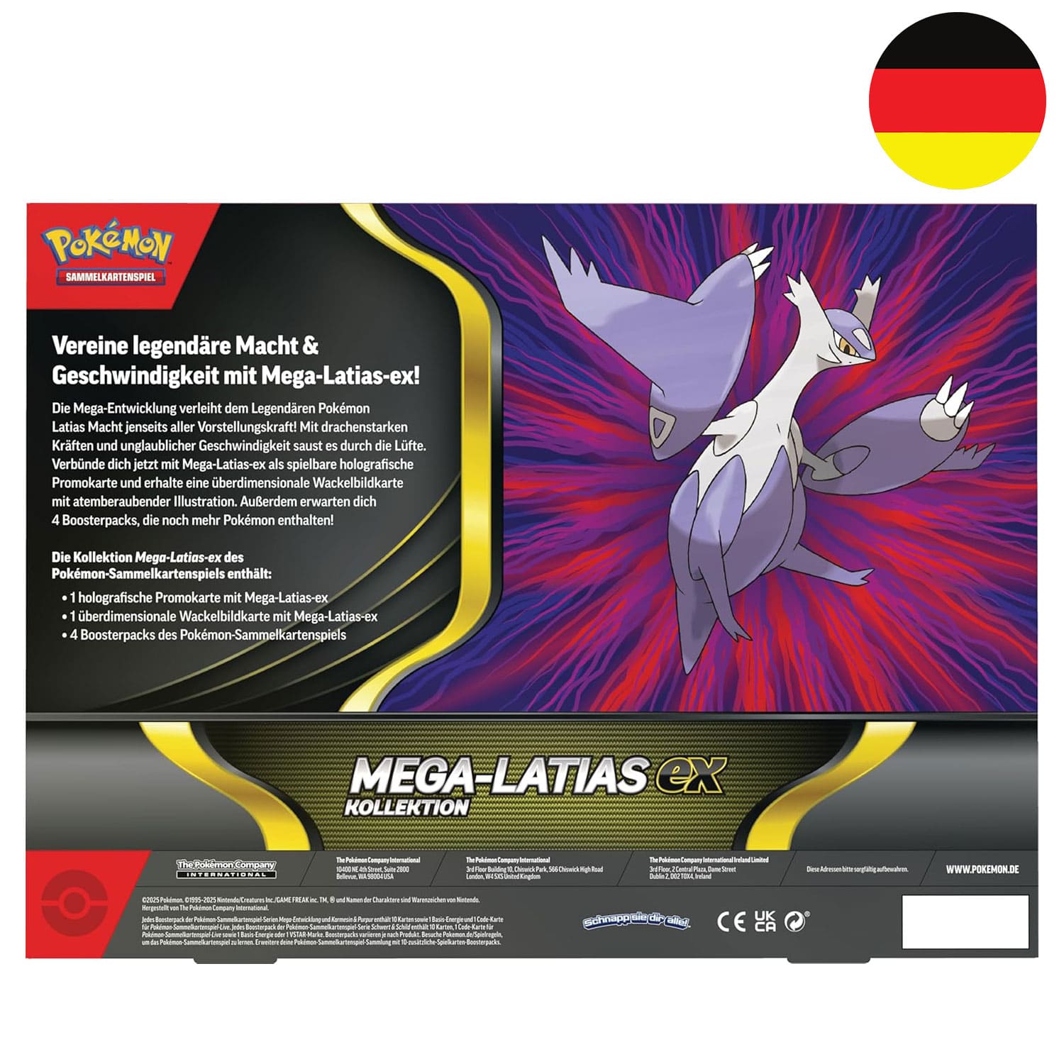 Die deutsche Pokémon MEGA Latias-ex Kollektion Rückseite mit Inhaltsangabe des Pokémon Sammelkartenspiels.