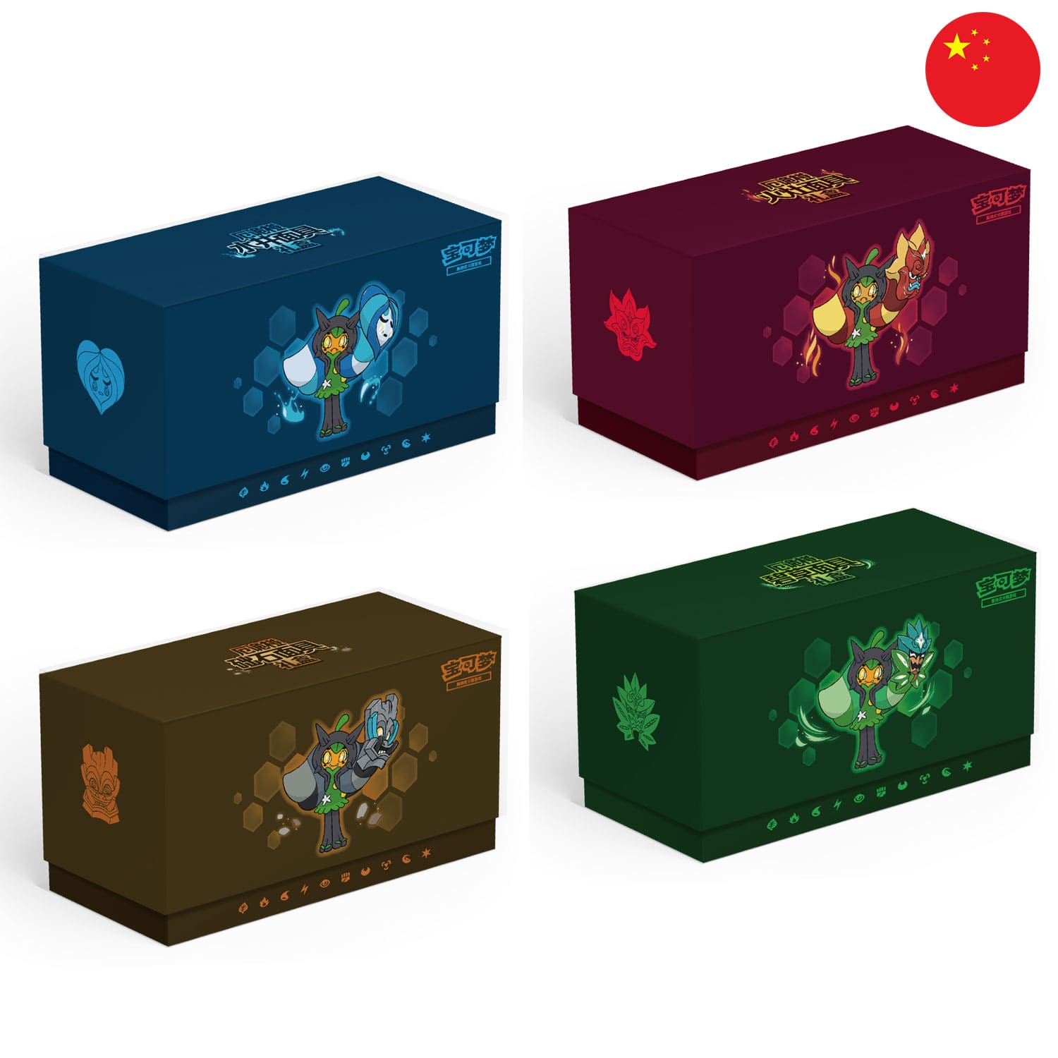 Die Pokemon Ogerpon Gift Boxen in den vier Farbvarianten Türkisgrüne Maske, Brunnenmaske, Ofenmaske und Fundamentmaske.