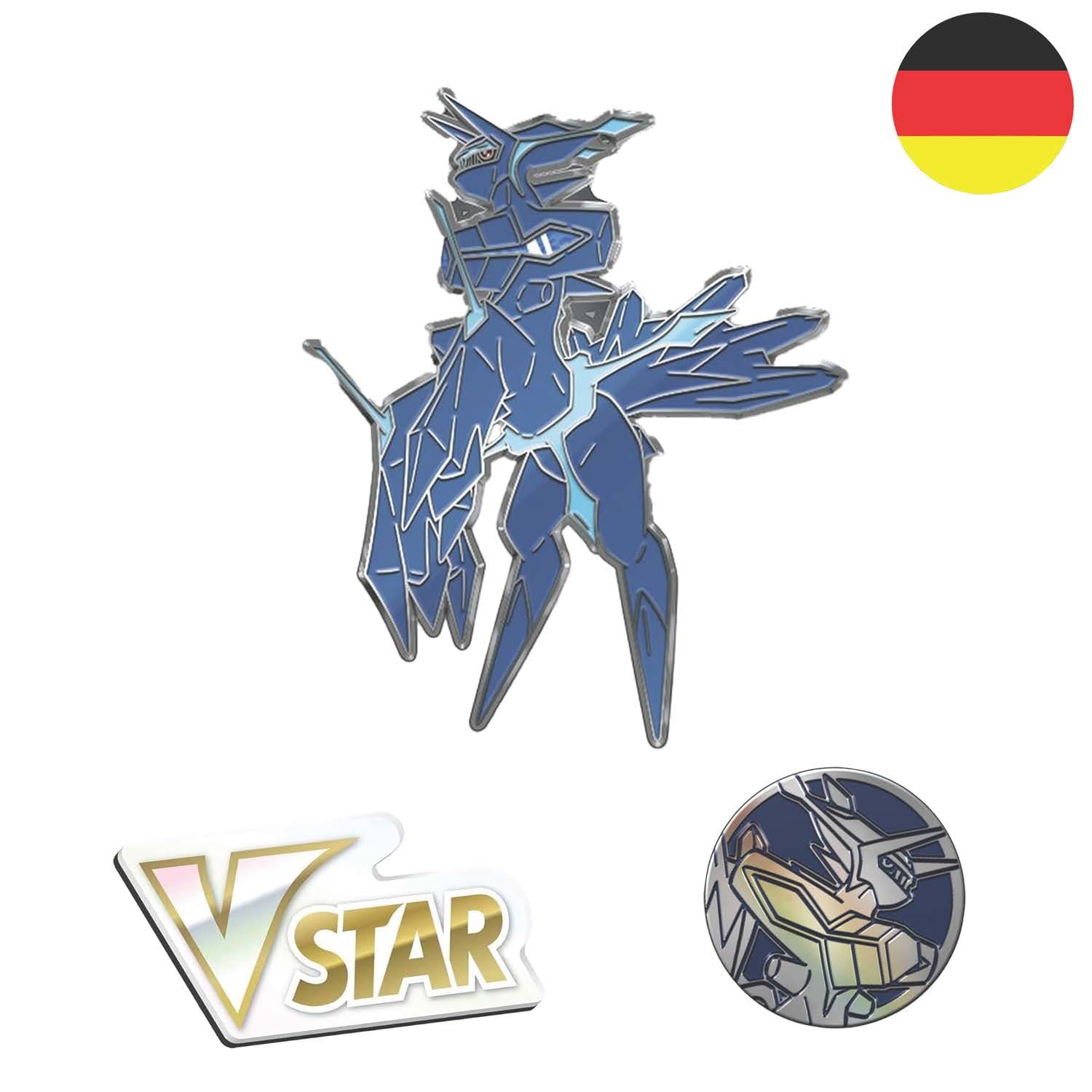 Die Pokemon Premium Kollektion Extras: eine UR-Dialga Acrylständer, eine UR-Dialga Pin und eine VSTAR Kunstoffmarke.