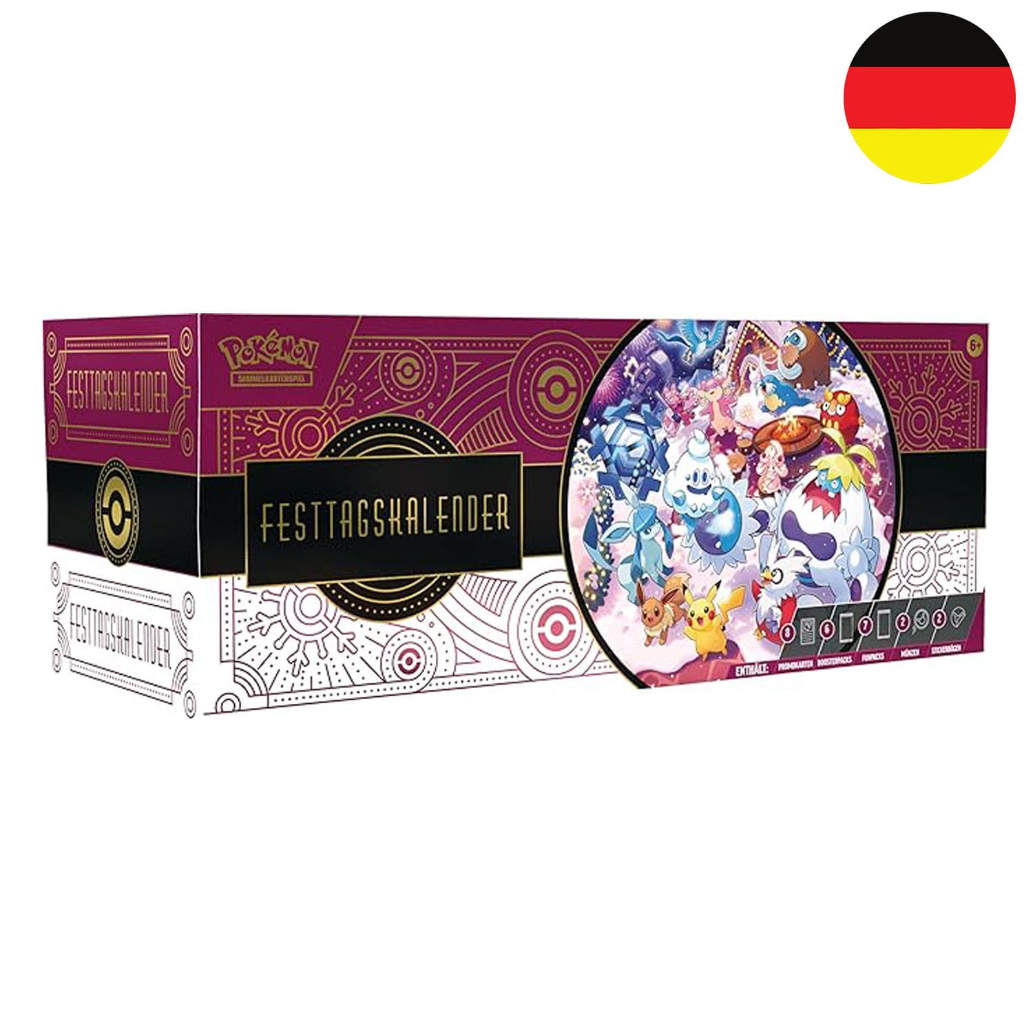 Der neue Pokémon Sammelkartenspiele, Festtagskalender für die Adventszeit, mit Boosterpacks, Stickern und Münzen.