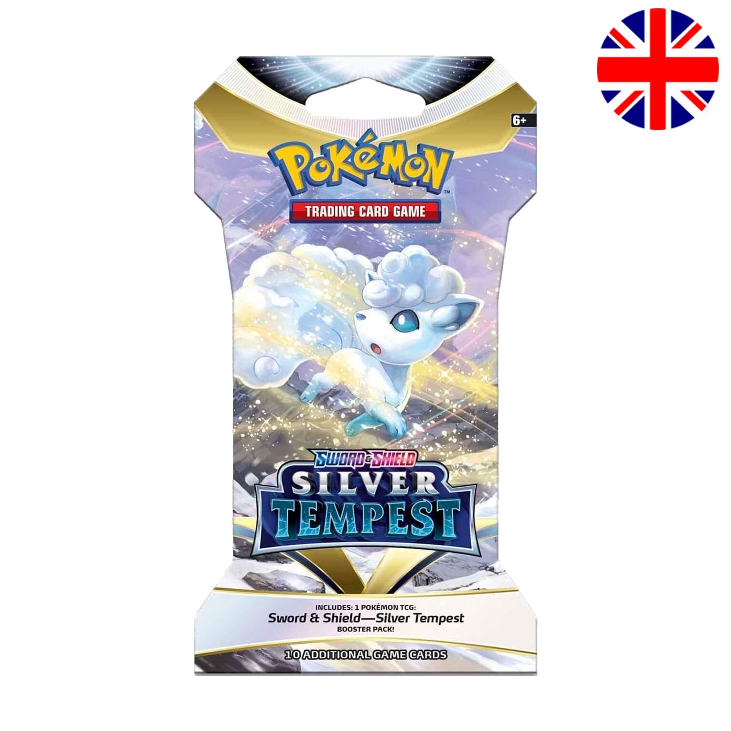 Das englische Pokémon-Set Silver Tempest aus Schwert und Schild mit dem Pokémon Alola Vulpix auf dem Sleeved Booster.