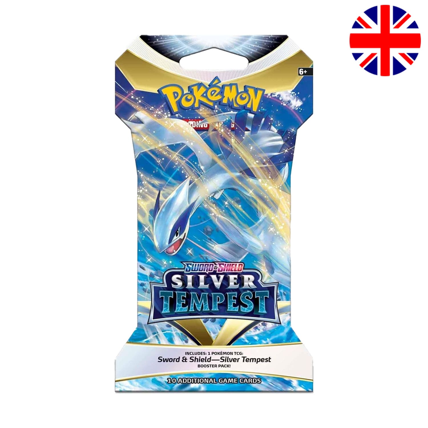 Das englische Pokémon-Set Silver Tempest aus Schwert und Schild mit dem legendären Pokémon Lugia auf dem Sleeved Booster