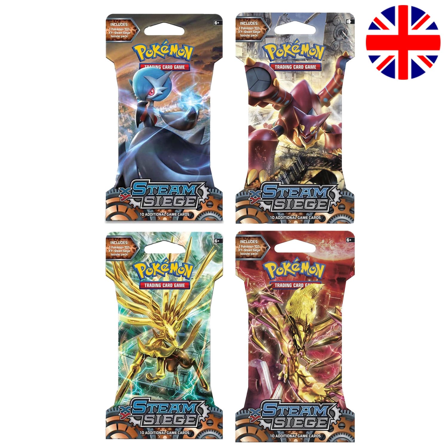 Das englische Pokémon-Set Steam Siege aus der X/ Y Reihe, mit MEGA Guardevoir, Volcanion, Xernias und Yveltal.