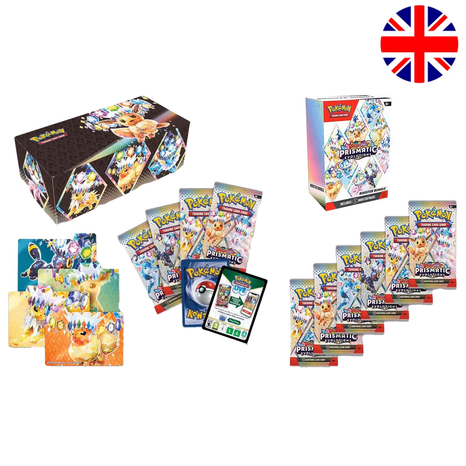 Die englische Pokémon Sams Club Prismatische Surprise Box mit Boosterbundle und 4 Boosterpacks und Kartentrennern.