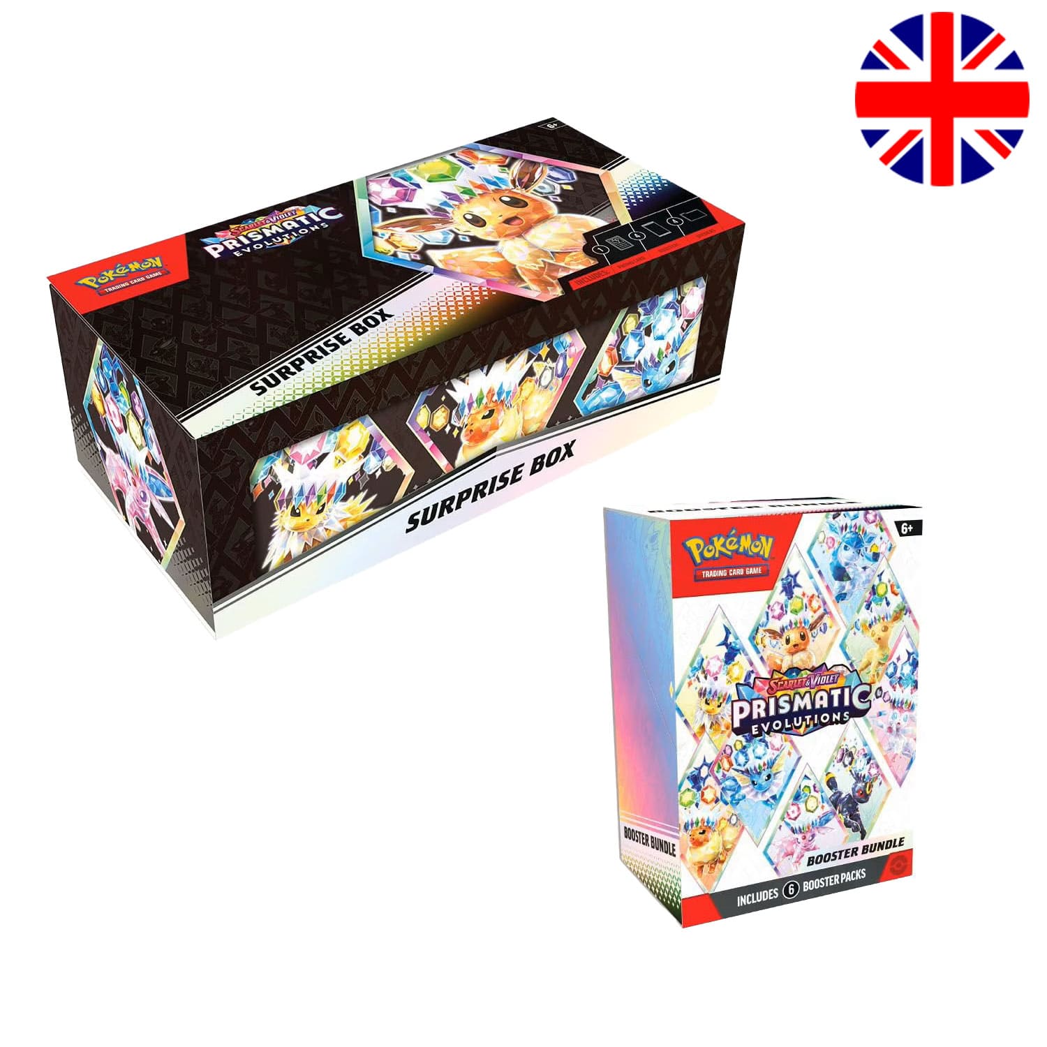 Die englische Pokémon Sams Club Prismatische Surprise Box mit einem Boosterbundle und 4 Boosterpacks aus Prismatic.