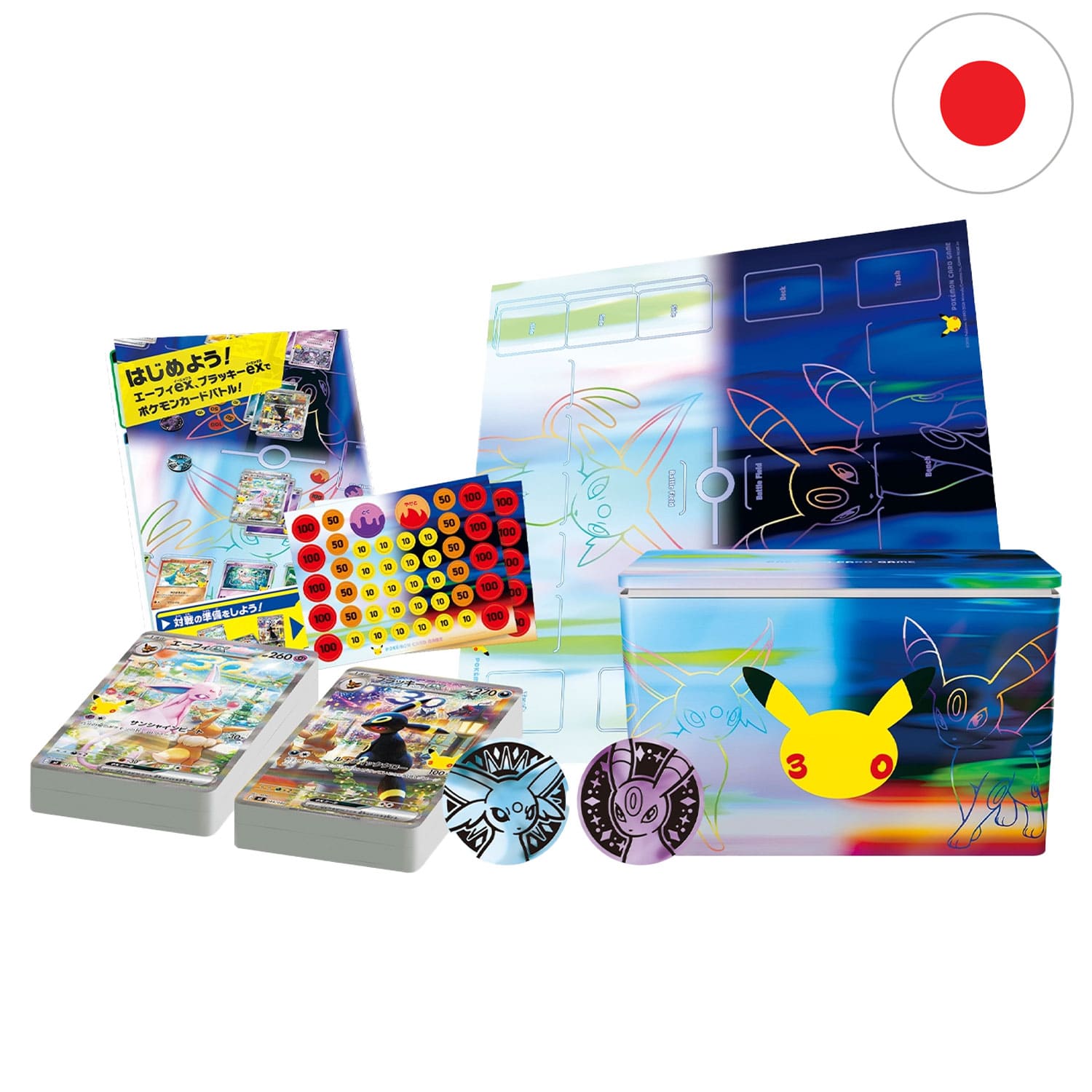 Das japanische Pokémon-Card-Game MEGA 30th Celebration Premium Deck Set Nachtara mit Spielzubehör, Karten und Pins.