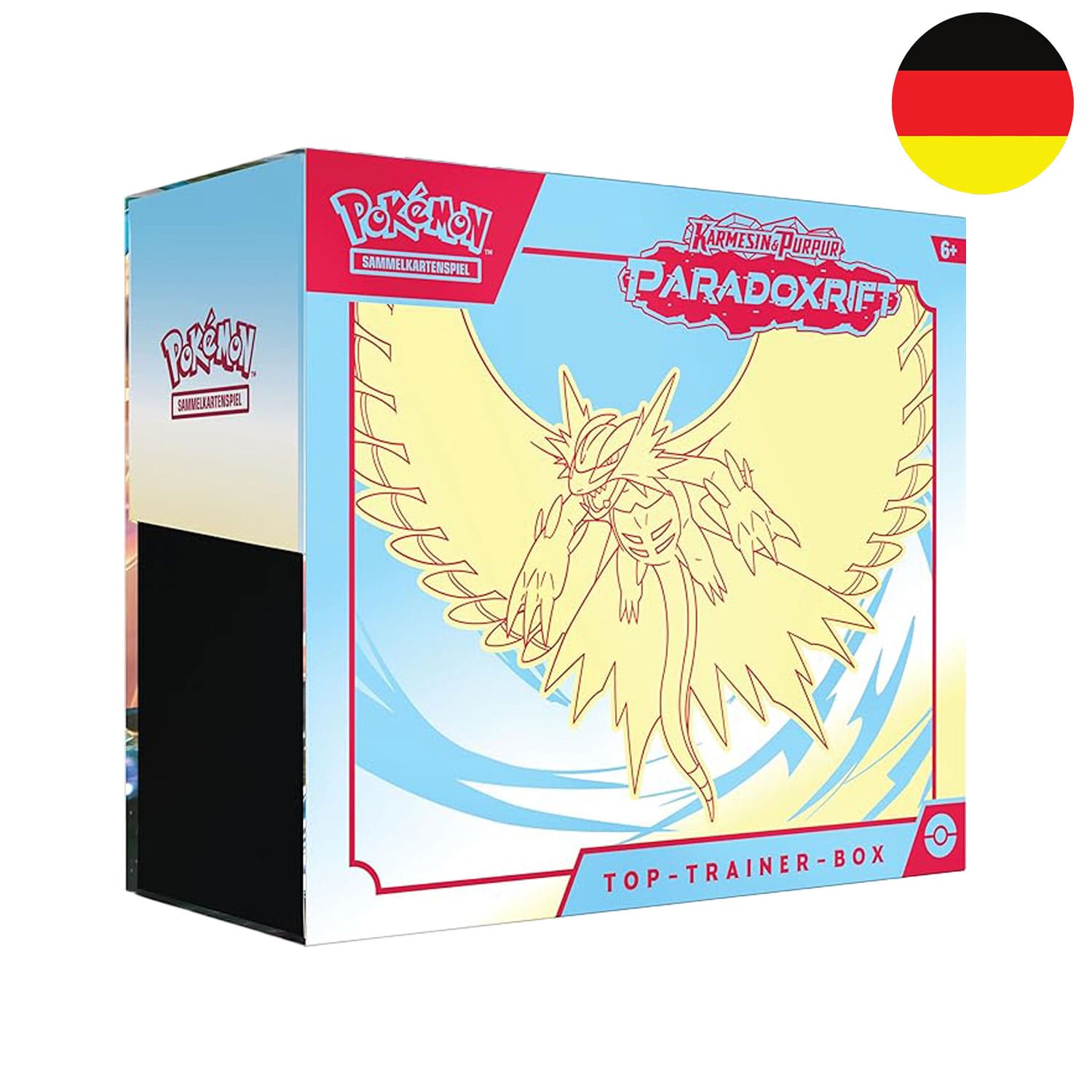 Die Pokemon Elite Trainer Box Paradoxrift SV04 mit Donnersichel darauf, aus Scarlet und Violet, mit 9 Boosterpacks.