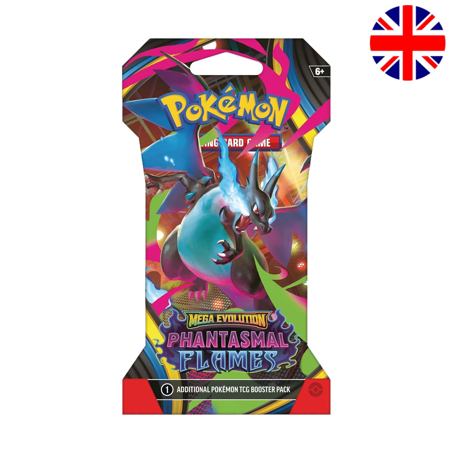 Englisches Pokémon Trading Card Game Phantasmal Flame Boosterpack mit Mega Glurak X auf dem Cover mit 10 Karten pro Pack