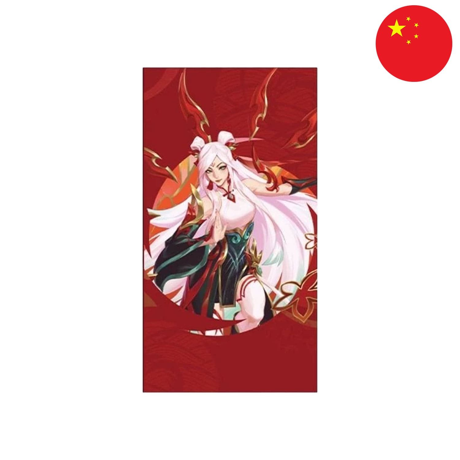 Das exklusive Zubehör aus der Riftbound 2026 Gift Box acht Neujahrshüllen mit Irelia auf dem Cover.