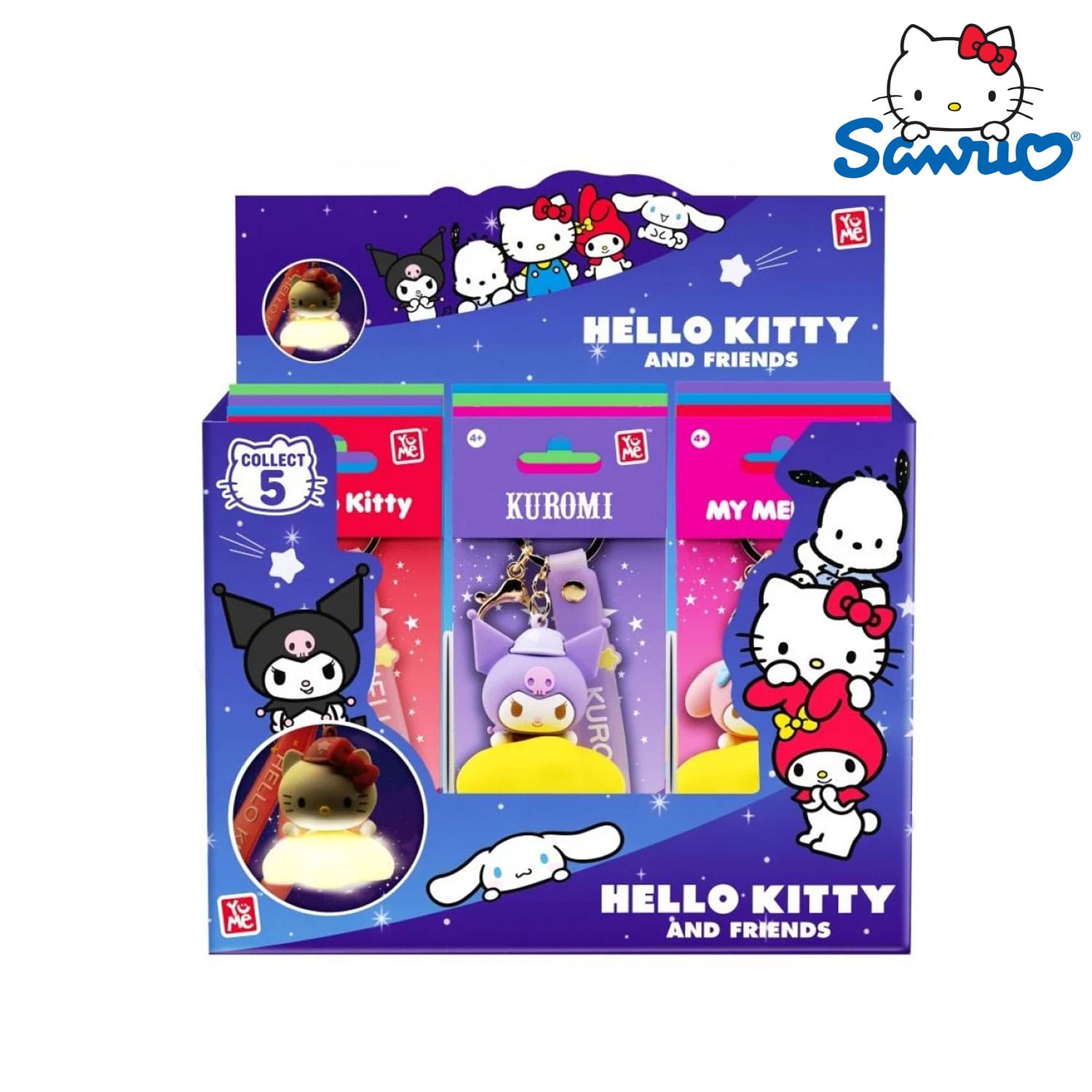 Das YuMe Sanrio Hello Kitty and Friends Light Up Star Anhnger Display mit Hello Kitty, Kuromi, Pochacco, My Melody und Cinnamoroll.