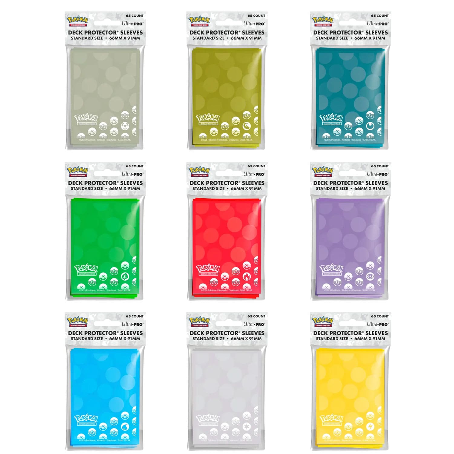 Die Ultra-Pro-Pokémon-Deck-Protector-Sleeves in den Farben Rot, Farblos, Gold, Silber, Blau, Grün, Gelb, Lila und Türkis