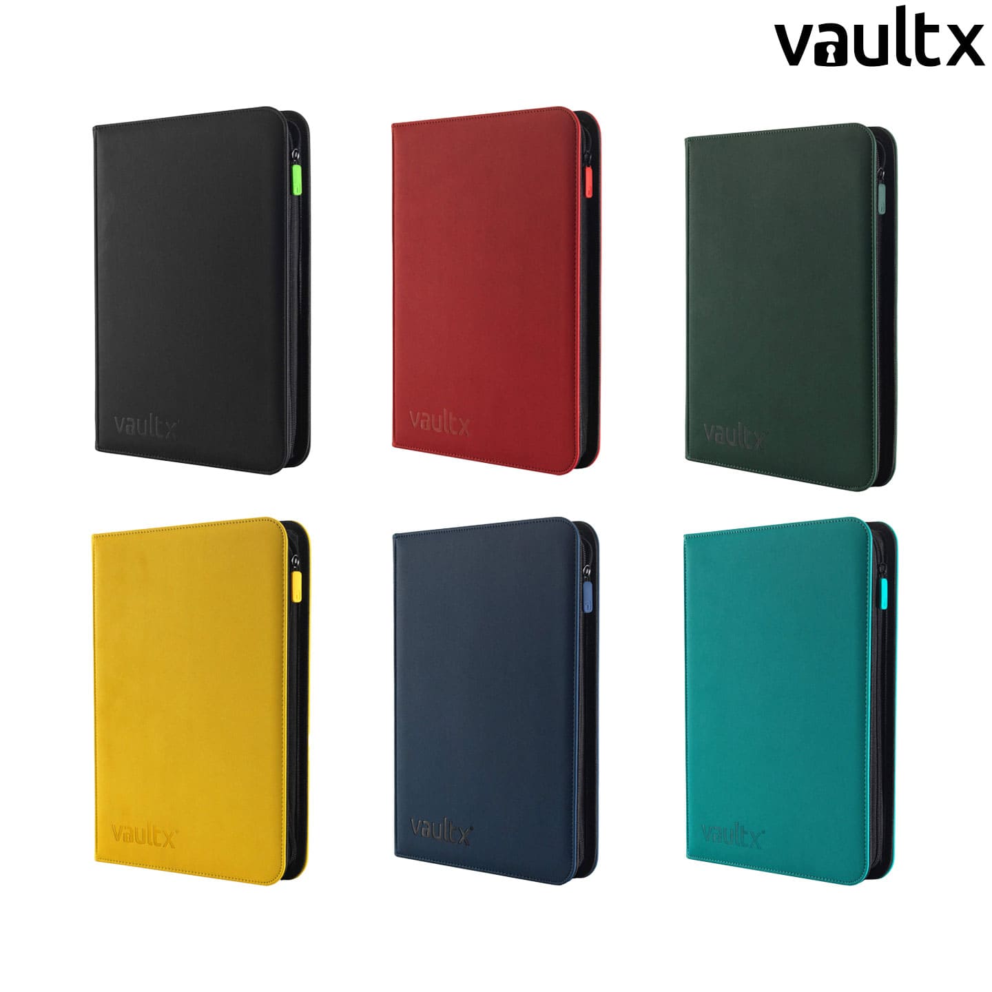 VaultX: Exo-Tec® 9 Pocket Zip Binder in schwarz, rot, grün, gelb, blau und türkisblau mit Reissverschluss und Logo.