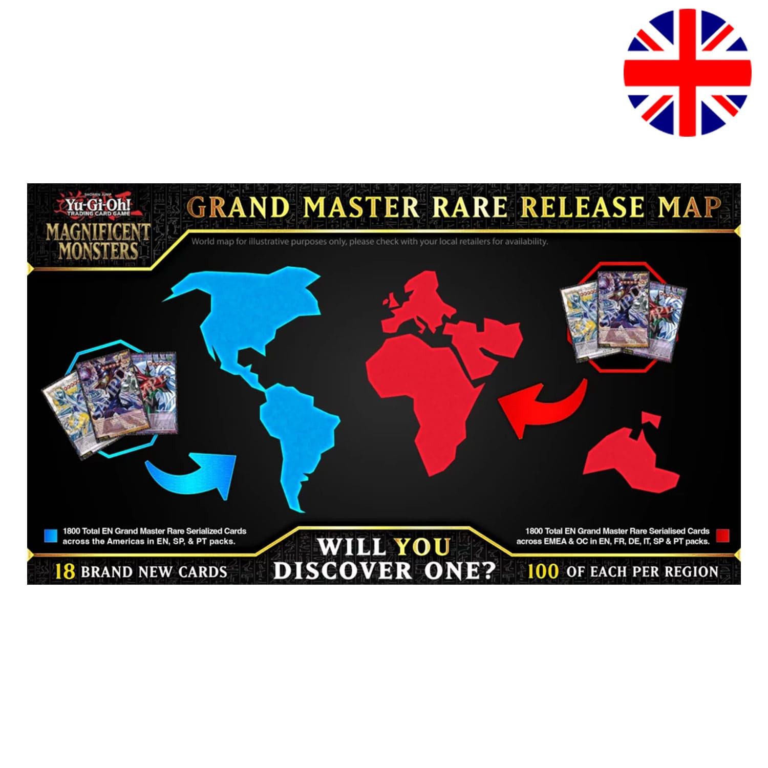 Yu-Gi-Oh! Magnificent Monsters 18 Grand Master Rare Release Map EU und USA, 100 pro Region.