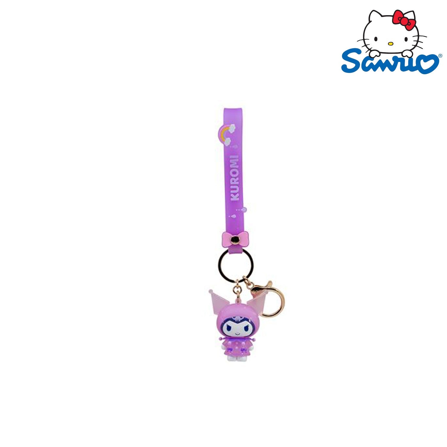 Der YuMe Toys Sanrio Hello Kitty and Friends Raincoat Series Keychain Anhänger in der Kuromi Variation.