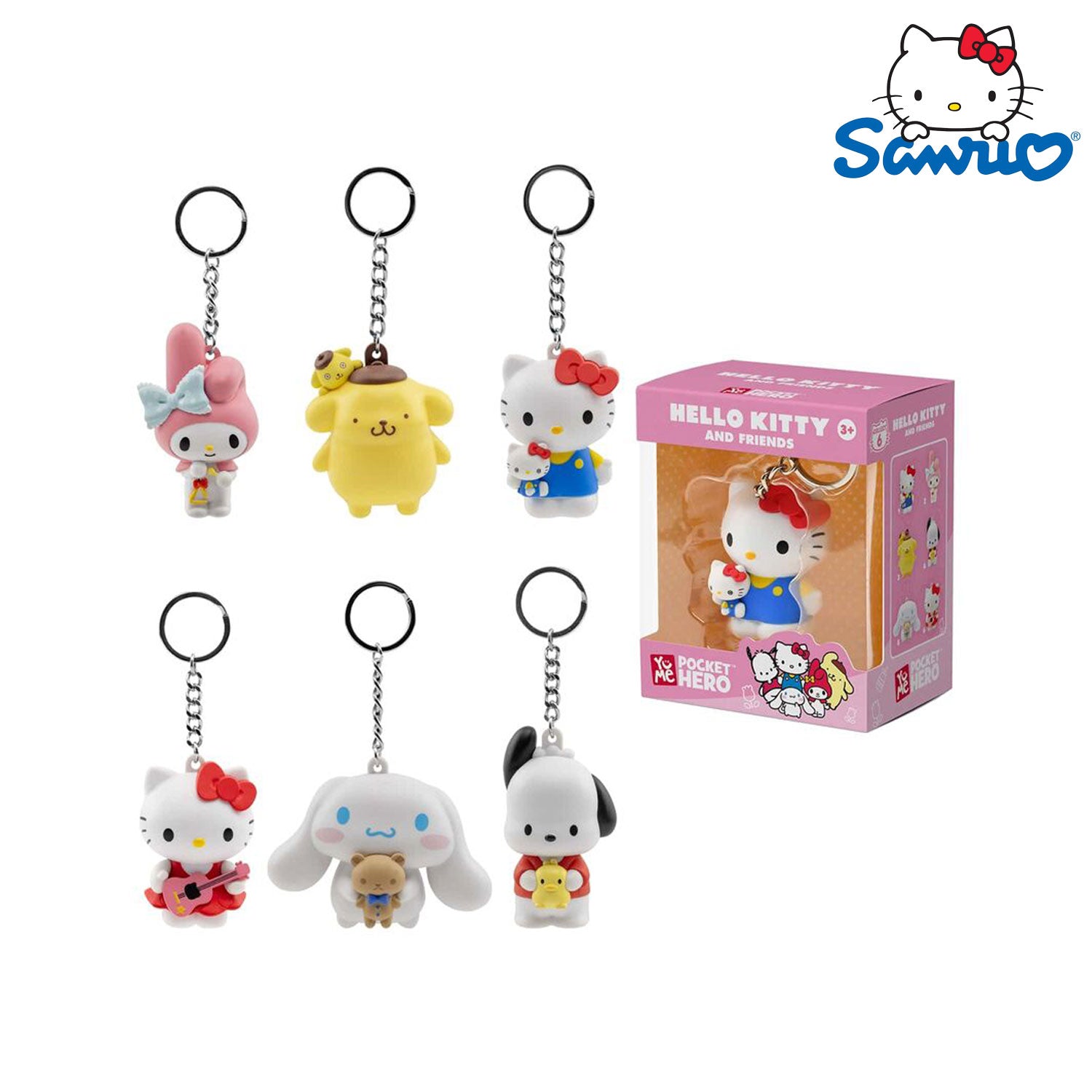 YuMe Toys Hello Kitty & Friends Pocket Hero Figuren mit Hello Kitty, My Melody, Cinnamoroll, Pochacco und Pompompurin.