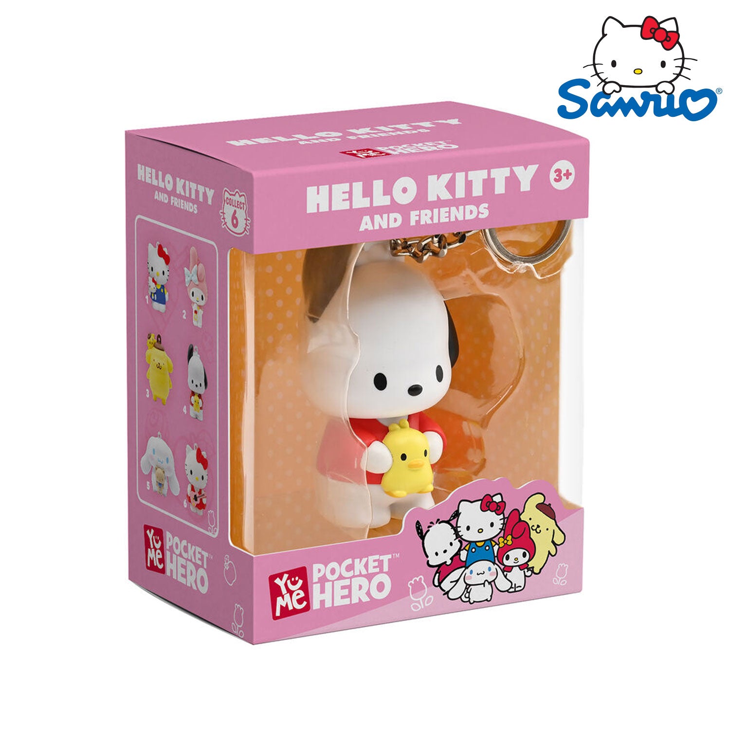 Der YuMe Toys Sanrio Hello Kitty and Friends Pocket Hero Keychain/Anhänger Figur in der Pochacco Variation.