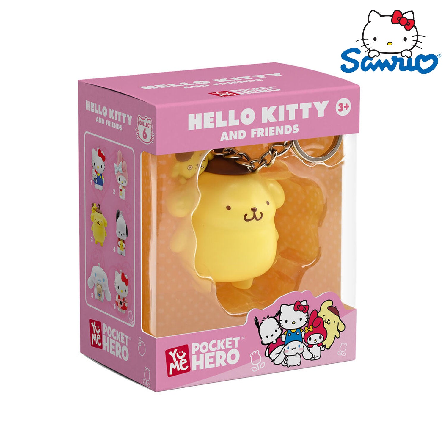 Der YuMe Toys Sanrio Hello Kitty and Friends Pocket Hero Keychain/Anhänger Figur in der Pompompurin Variation.