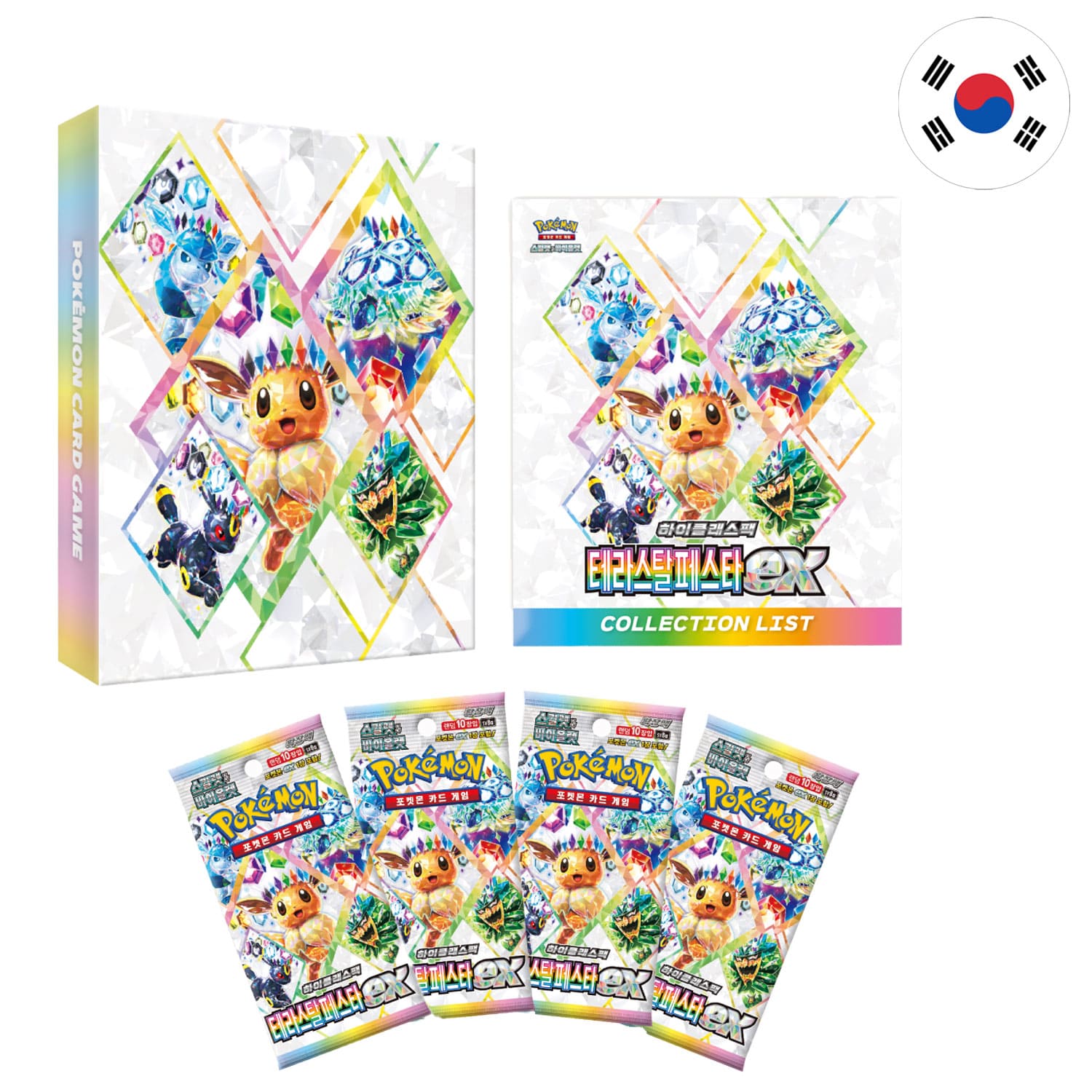 In der koreanischen Prismatic Evolution Espeon Collection, ist ein Sammelheft, eine Kartenliste und fünf Boosterpacks.