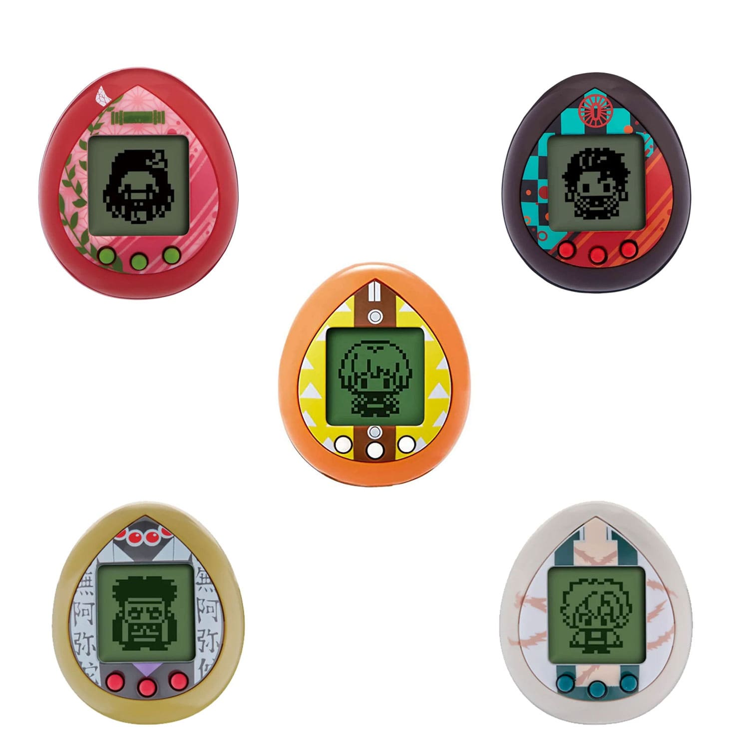 Bandai Tamagotchi Demon Slayer Kimetsu no Yaiba Übersicht mit Tanjiro, Nezuko, Zenitsu, Gyomei und Sanemi.