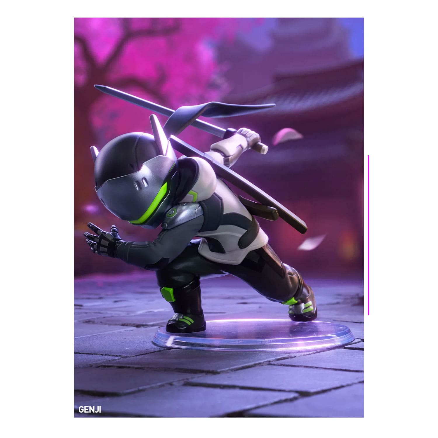 Die Blind Box POP MART Overwatch-Play-of-the-Game-Series Figurenbox mit der Figur Genji mit Pose und Karte.
