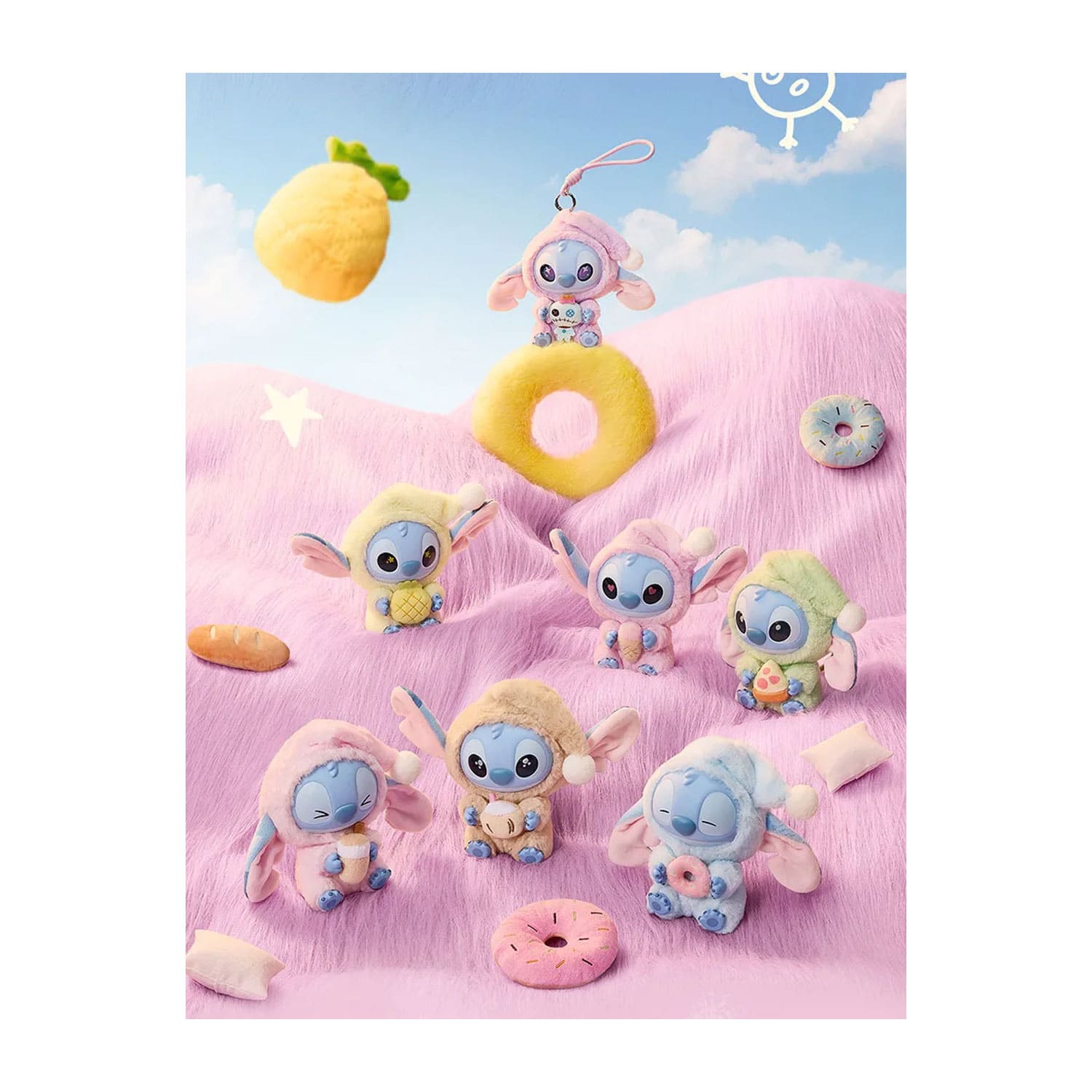 Disney x Miniso Collaboration Stitch Eat Something Before Sleep Series, Secret, Donut, Ananas, Pizza, Kokosnusssaft.