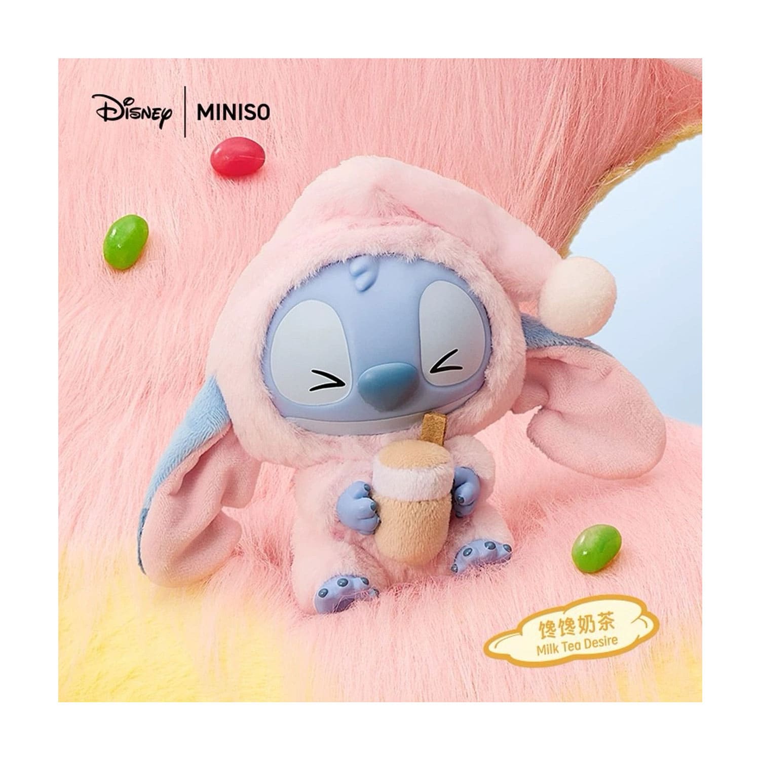 Disney x Miniso Collaboration Stitch Eat Something Before Sleep Series Vinyl Plush Milk Tea Desire Stitch in Rosa.
