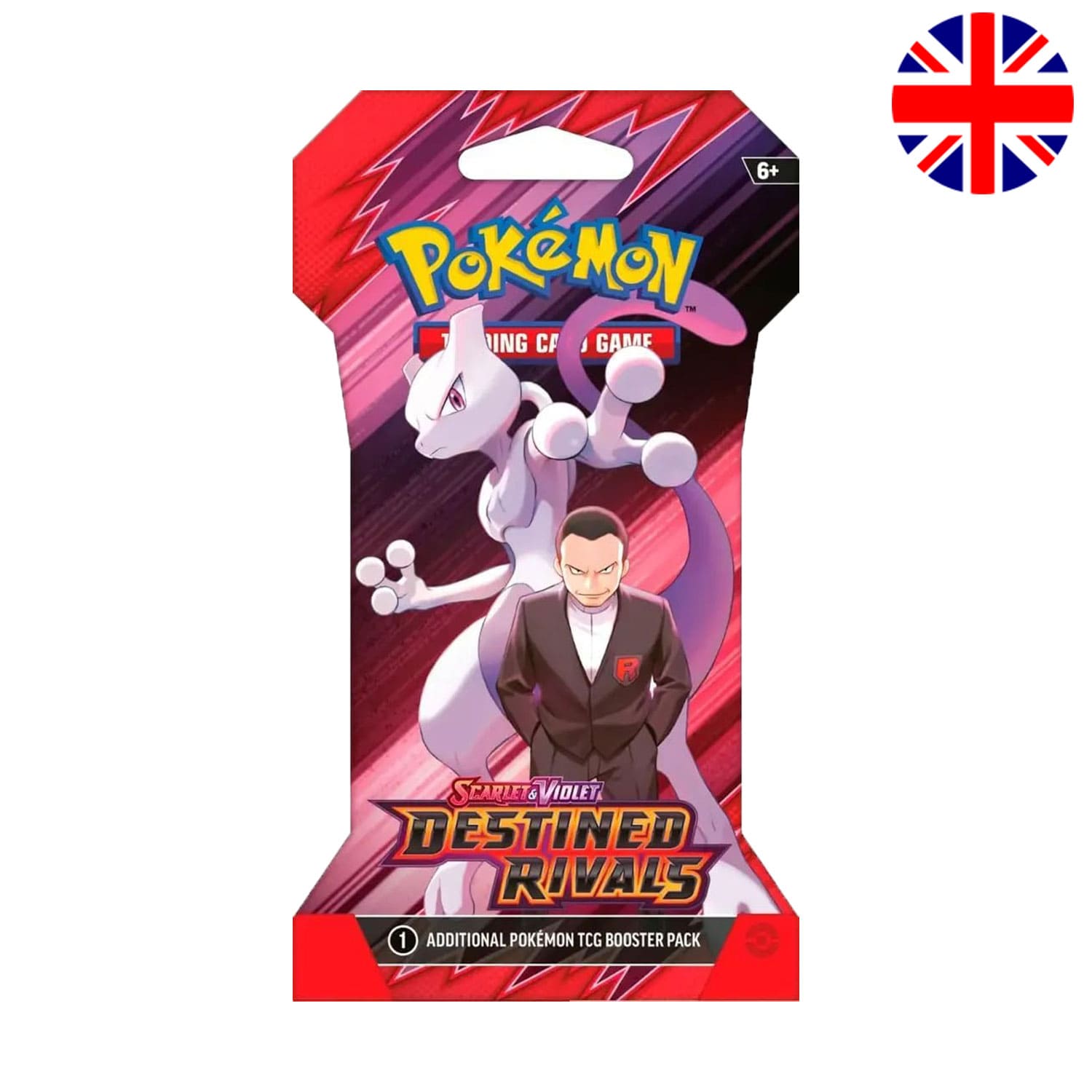 Das Pokémon-Set Destined Rivals SV10 im Sleeved Boosterpack mit Giovanni und Mewtu auf dem Cover. 10 Karten pro Pack.