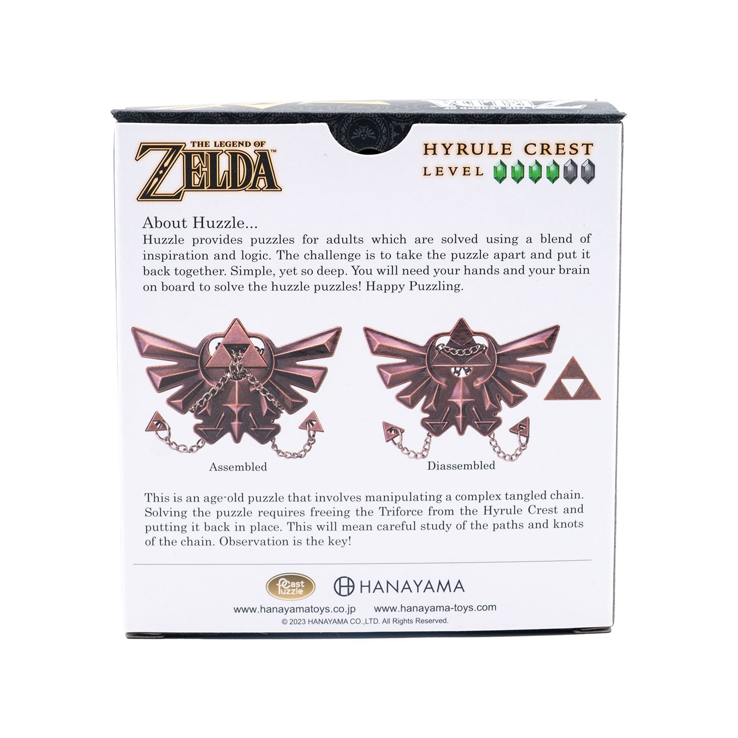 Die Rückseite der Verpackung des Huzzle Cast - Zelda Hyrule Crest.