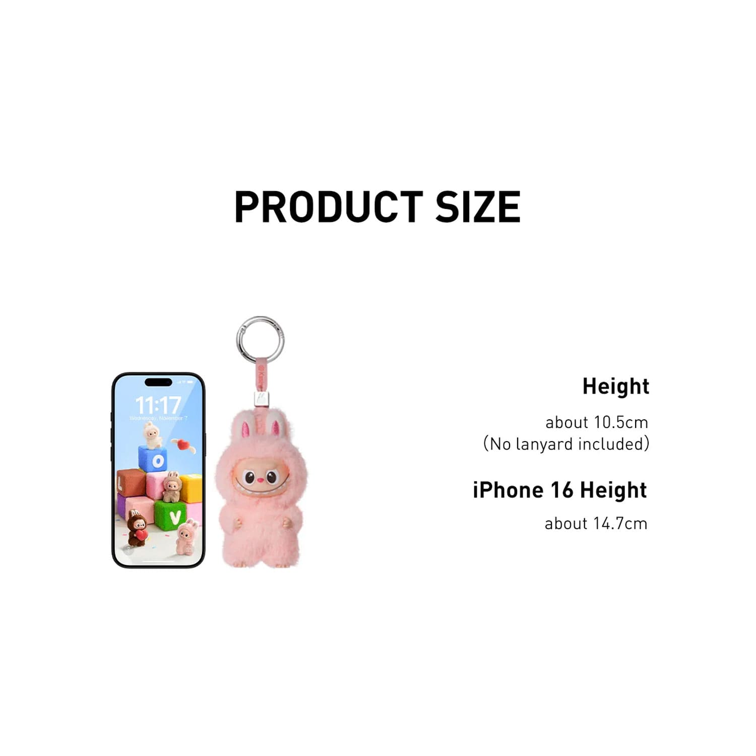 Die neuen The Monsters: Pin for Love von POP MART mit den neuen Labubus: Größenverhältnis zu einem Smartphone 14,5 cm.