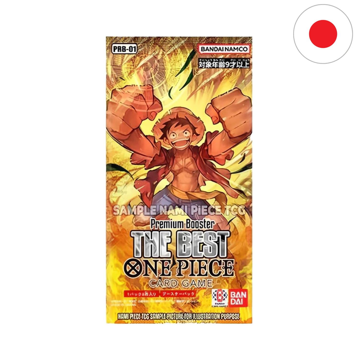 Das One Piece Booster "The Best" (PRB-01), mit Monkey D. Ruffy auf dem Cover & der Flagge Japans in der Ecke.