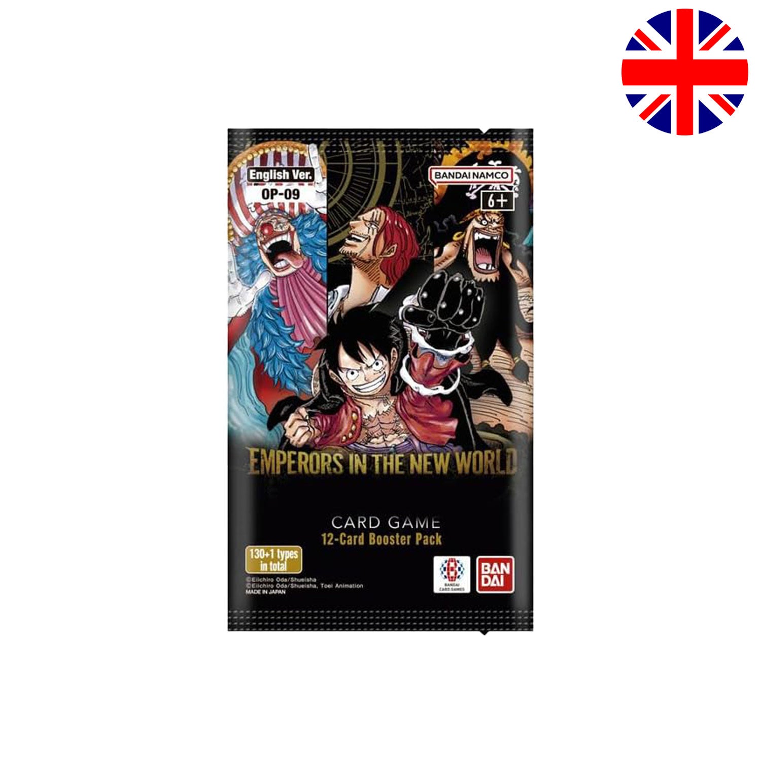 Das OP09 englische Boosterpack Emperors In The New World mit Ruffy, Buggy, Shanks und Blackbeard auf dem Cover.