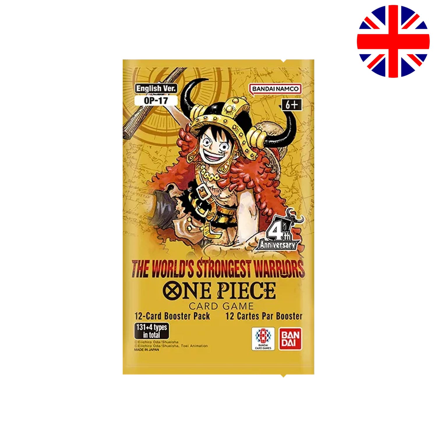 Das englische One Piece Card Game The World's Strongest Warriors OP-17 von Bandai, das Boosterpack mit Luffy auf Cover. 